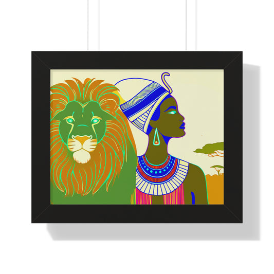 Vibrant Framed Poster Art - Lion & Egyptian Queen - Wall Decor, Home Decoration, Gifts, Colorful Art, Eco-Friendly Decor