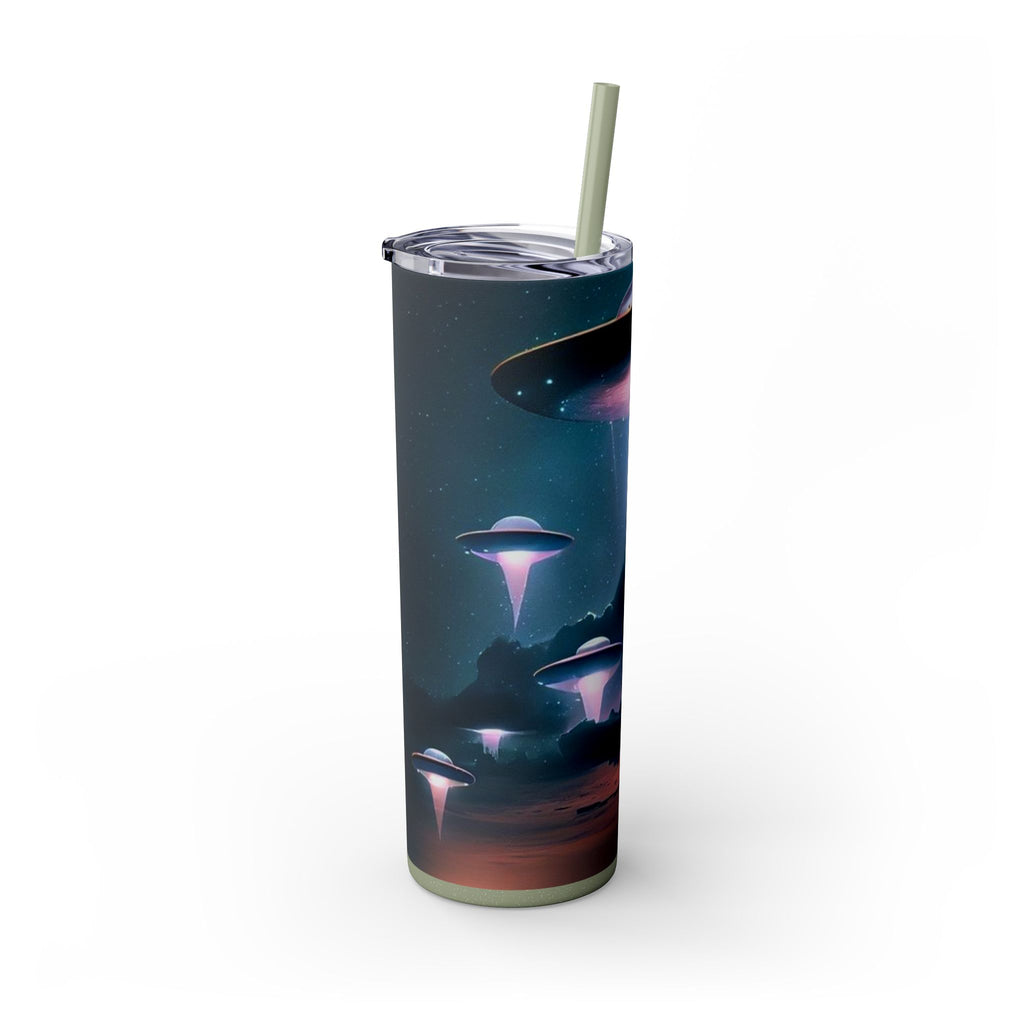 Cosmic Alien Skinny Tumbler with Straw, 20oz | Space Drinkware, Gift for Sci-Fi Lovers, Unique Cup for Outdoor Events, UFO Enthusiasts