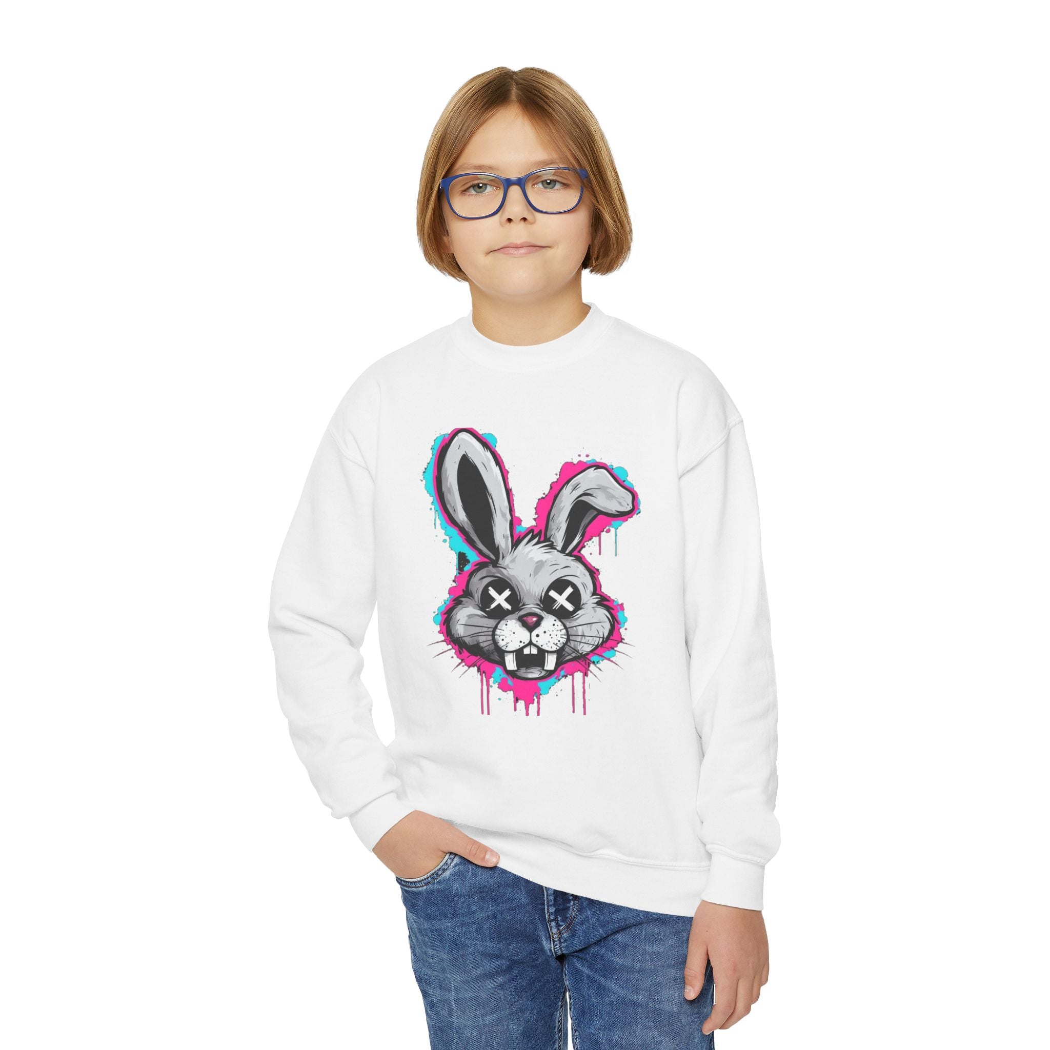 Cool Graffiti Bunny Youth Sweatshirt, Hipster Crewneck, Street Art Apparel, Gift for Kids, Fun Casual Wear, Comfy and Stylish
