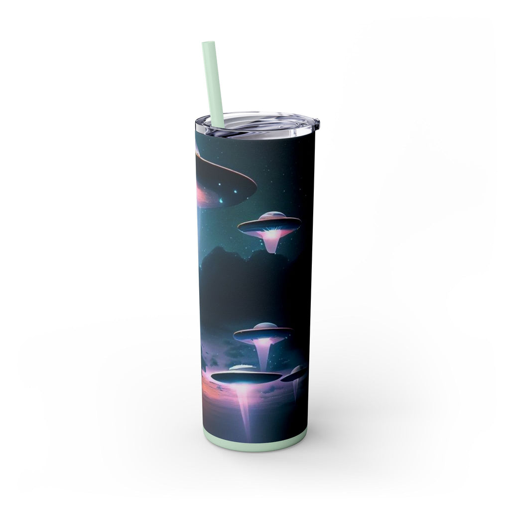 Cosmic Alien Skinny Tumbler with Straw, 20oz | Space Drinkware, Gift for Sci-Fi Lovers, Unique Cup for Outdoor Events, UFO Enthusiasts