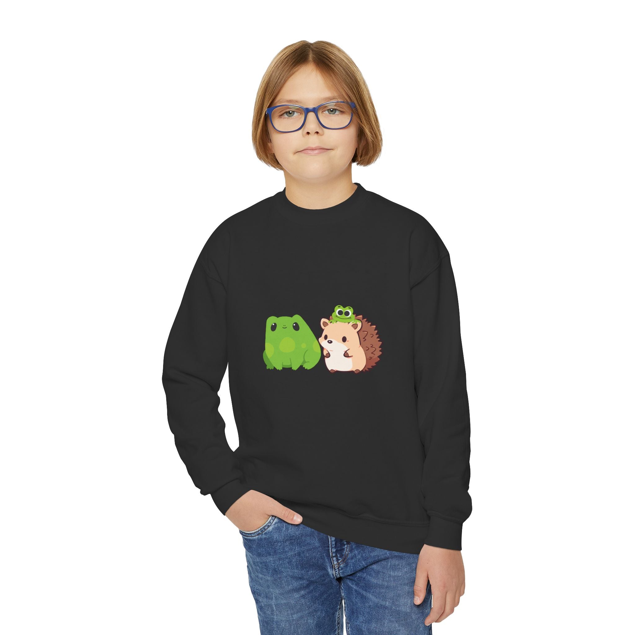 Cute Animal Friends Youth Crewneck Sweatshirt, Adorable Frog and Hedgehog Design, Perfect Gift for Kids, Fun Casual Wear, Birthday and