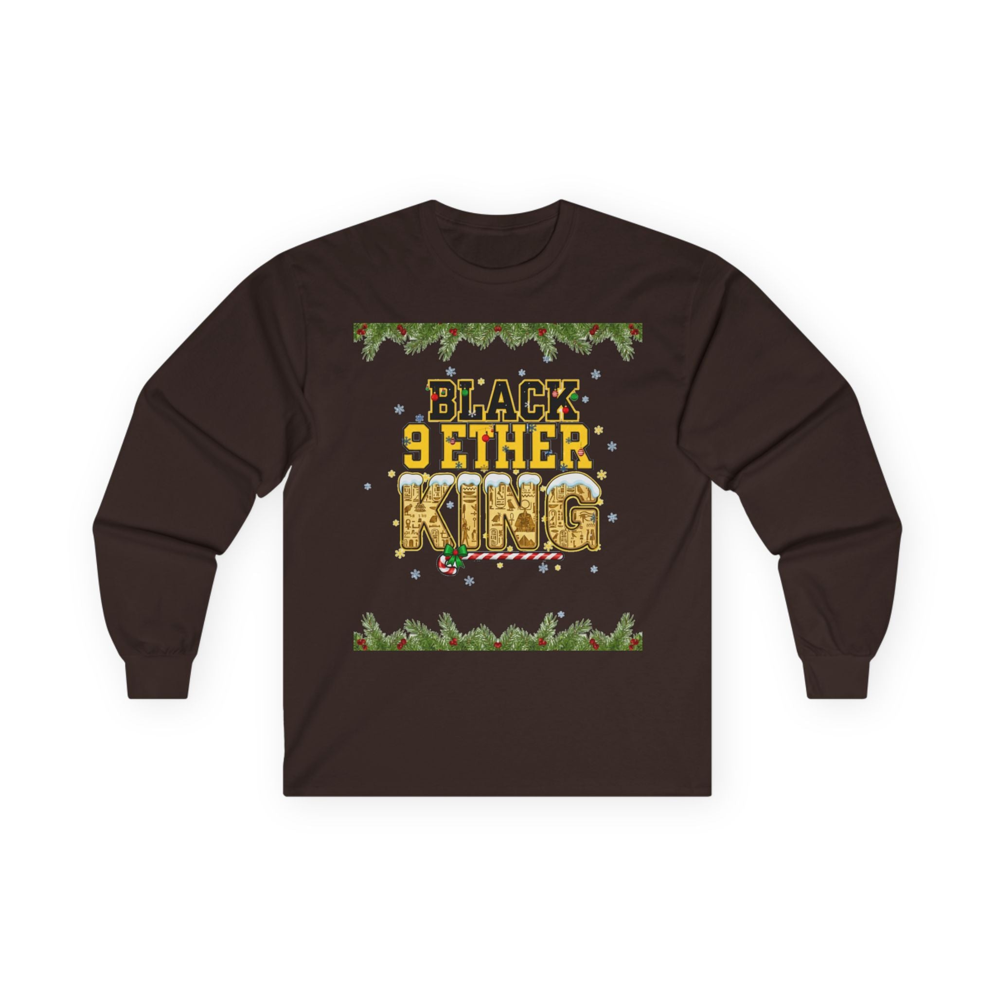 Long Sleeve Tee — "Black 9ether King" Holiday Graphic with Pine Garland