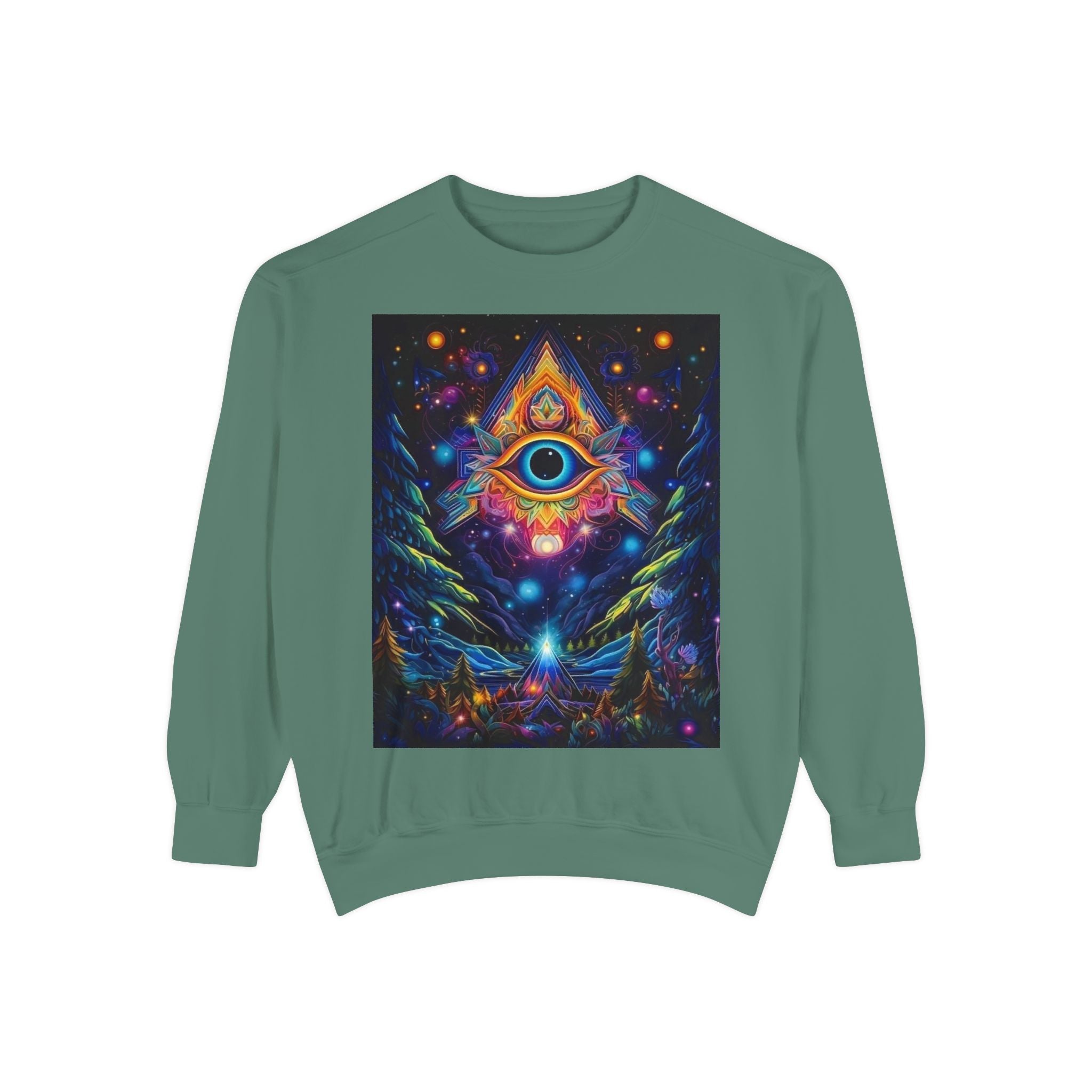 Cosmic Eye Unisex Garment-Dyed Sweatshirt, Psychedelic Sweatshirt, Spiritual Apparel, Gift for Nature Lovers, Festival Clothing, Comfortable