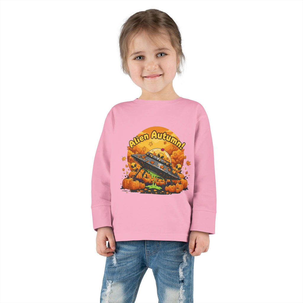 Toddler Long Sleeve Tee - Alien Autumn Adventure, Cute Kids Fall Shirt, Halloween Gift, Fun Toddler Shirt, Fall Fashion for Kids