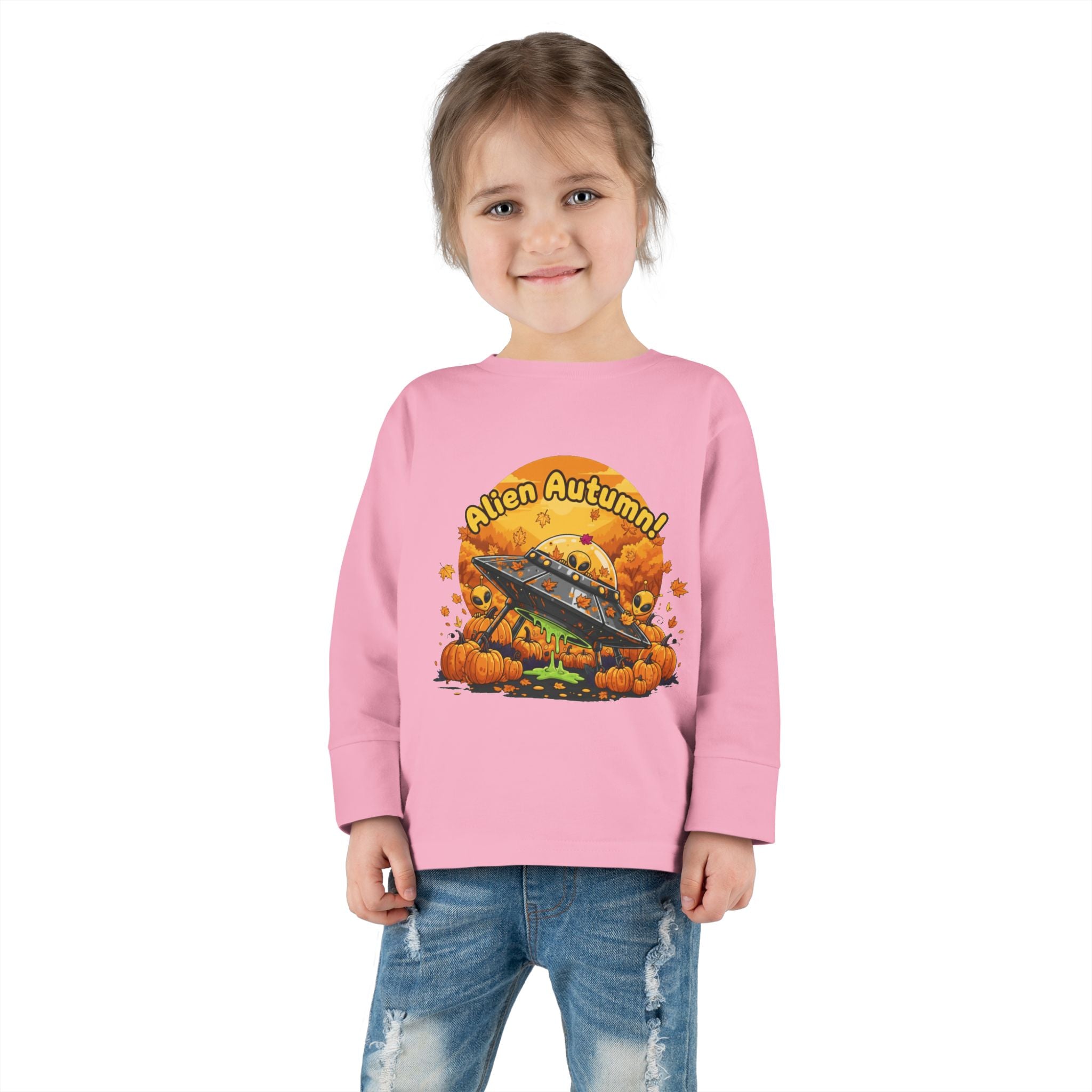 Toddler Long Sleeve Tee - Alien Autumn Adventure, Cute Kids Fall Shirt, Halloween Gift, Fun Toddler Shirt, Fall Fashion for Kids