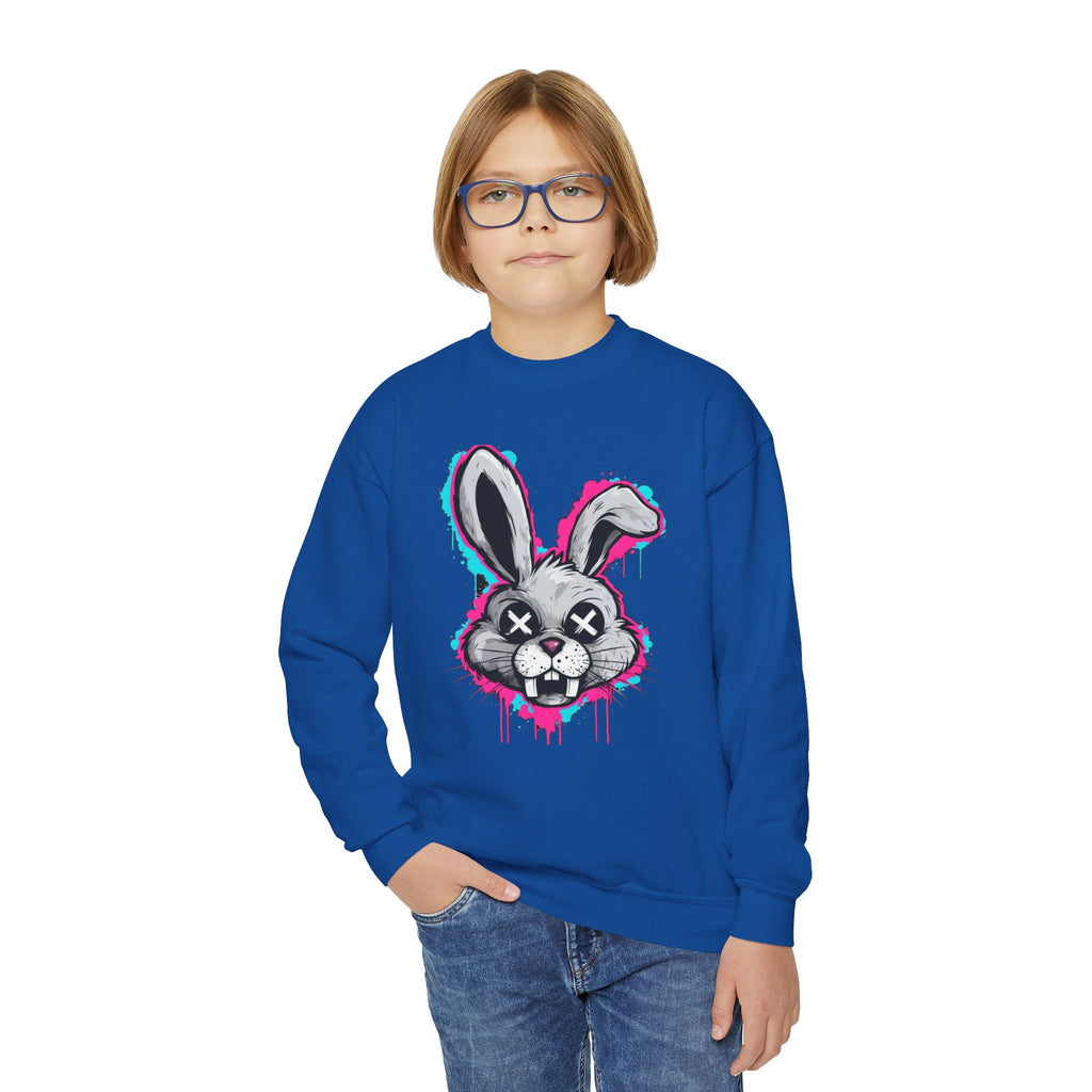 Cool Graffiti Bunny Youth Sweatshirt, Hipster Crewneck, Street Art Apparel, Gift for Kids, Fun Casual Wear, Comfy and Stylish