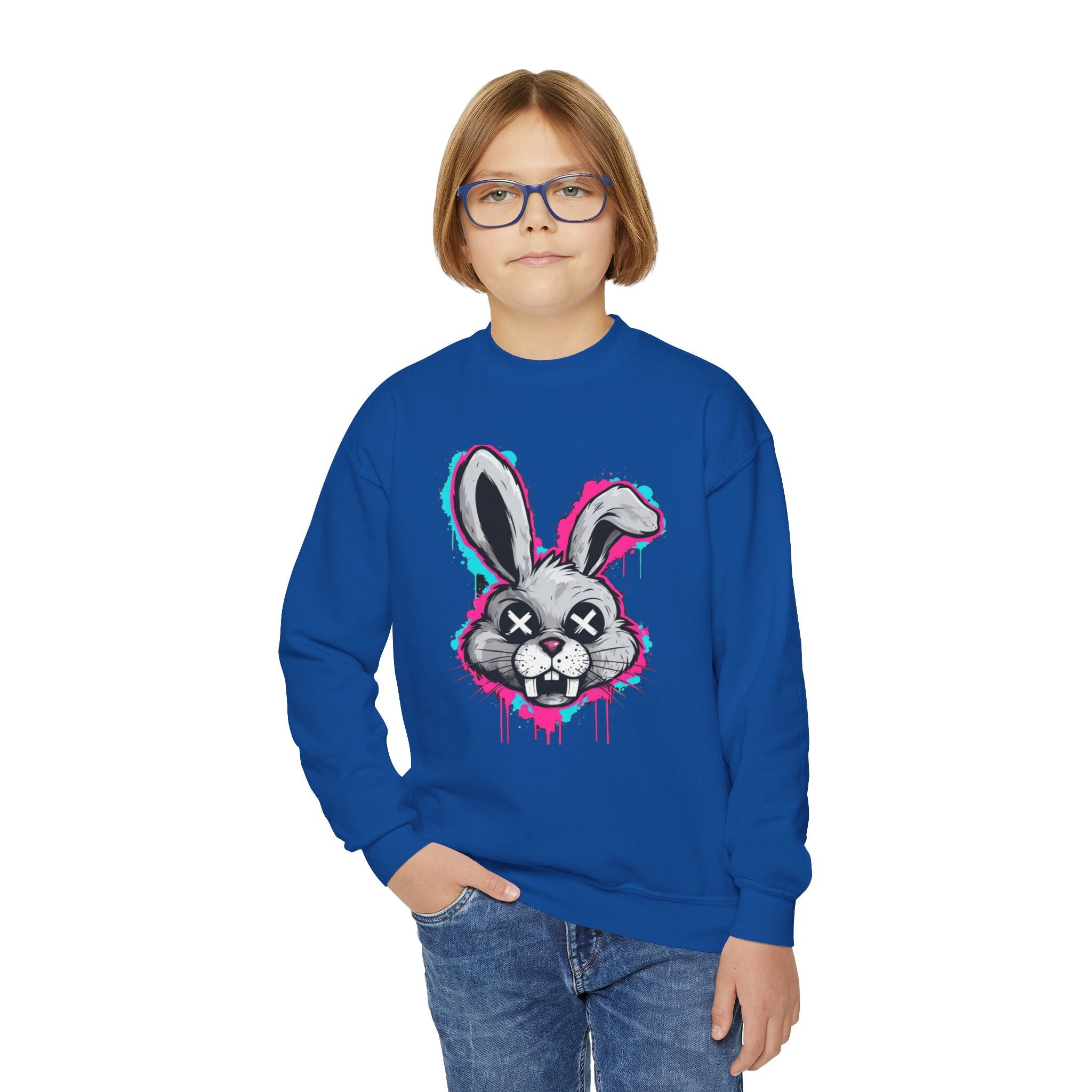 Cool Graffiti Bunny Youth Sweatshirt, Hipster Crewneck, Street Art Apparel, Gift for Kids, Fun Casual Wear, Comfy and Stylish