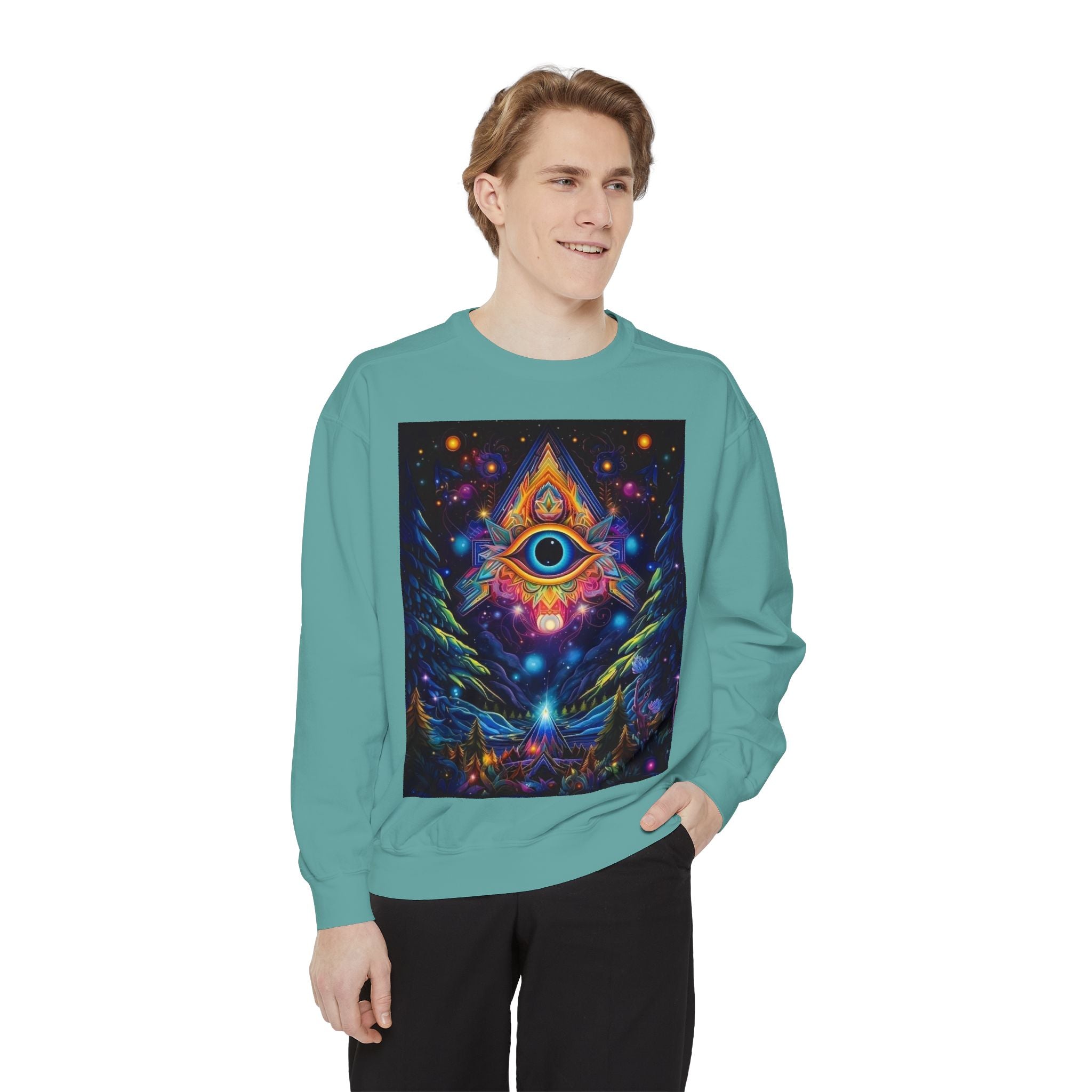 Cosmic Eye Unisex Garment-Dyed Sweatshirt, Psychedelic Sweatshirt, Spiritual Apparel, Gift for Nature Lovers, Festival Clothing, Comfortable