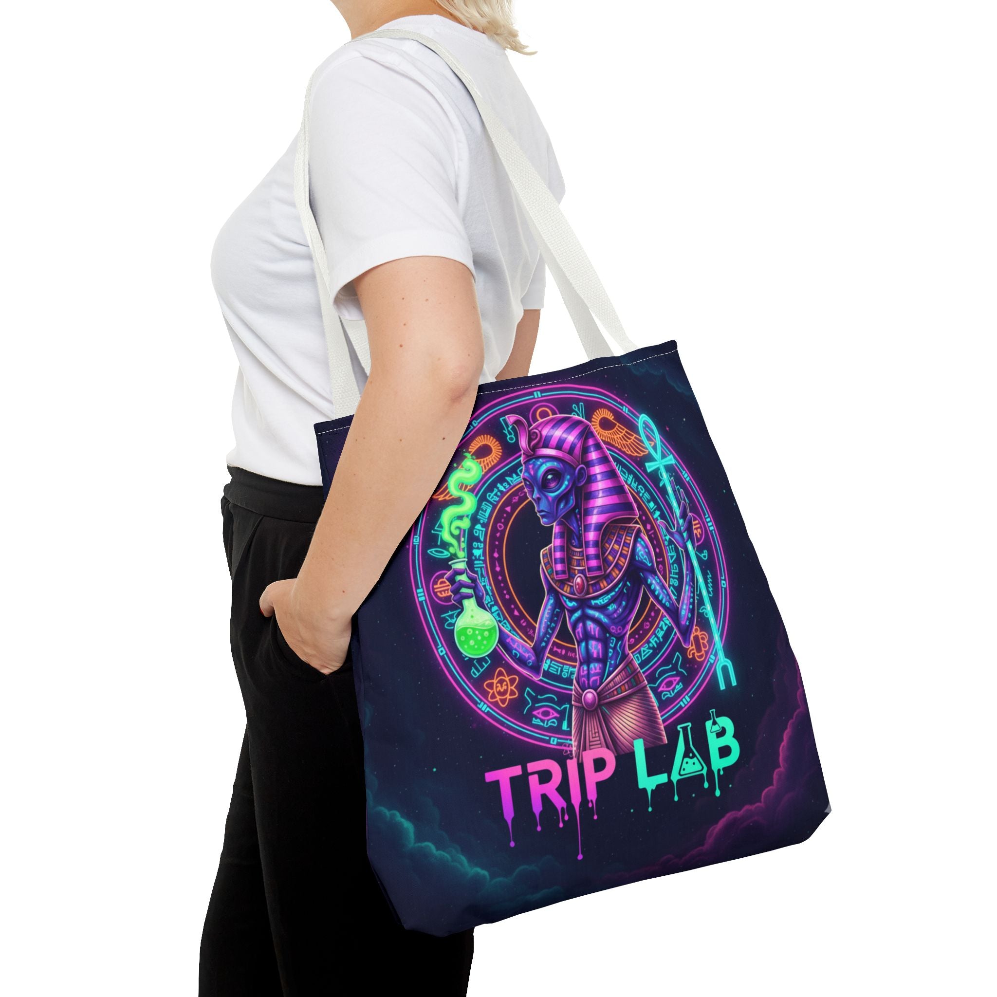Psychedelic Trip Lab Tote Bag — Neon Ancient-Egypt Anubis All-Over Print