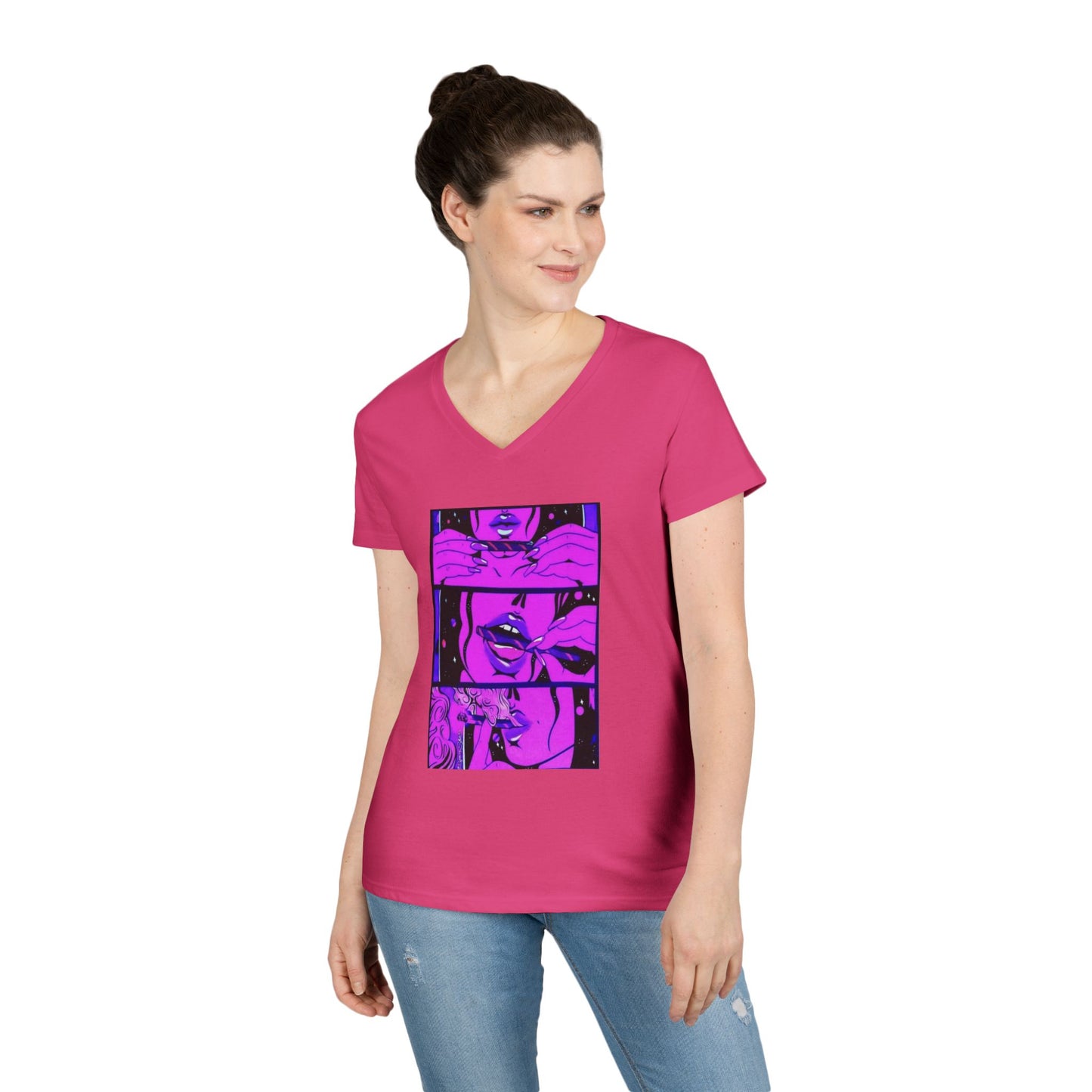 Vibrant Graphic Ladies' V-Neck T-Shirt - Trendy Art Design