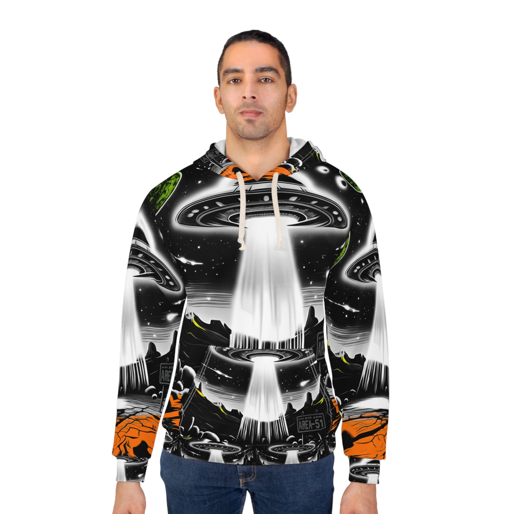 Cosmic Alien Print Hoodie, Unisex Pullover, Area 51 Design, Fun Gift for Space Lovers, Unique Outer Space Apparel, Perfect for Sci-Fi Fans