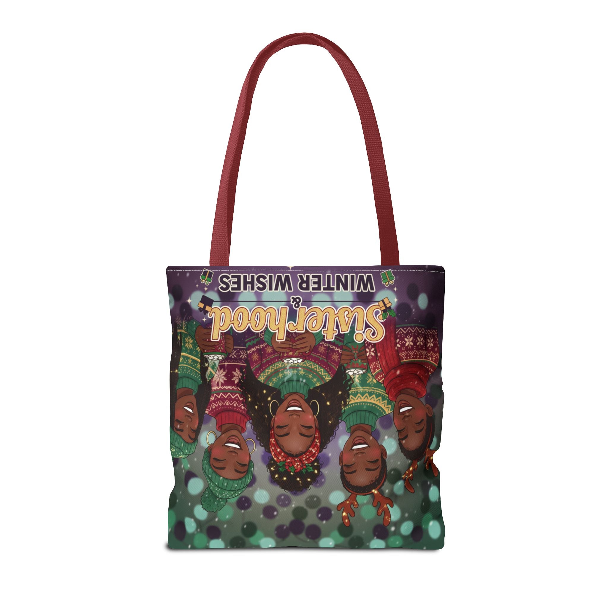 Sisterhood Winter Wishes Holiday Tote Bag — Festive Afrocentric Christmas Market Bag
