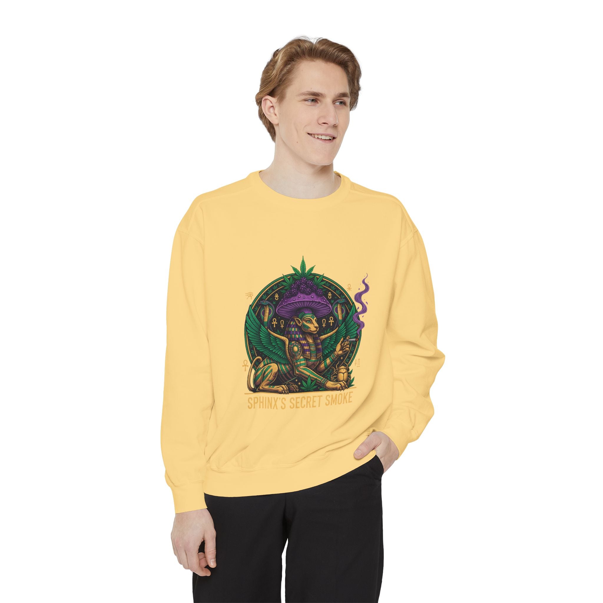 Sphinx's Secret Smoke Sweatshirt — Mystical Egyptian Sphinx Graphic Crewneck