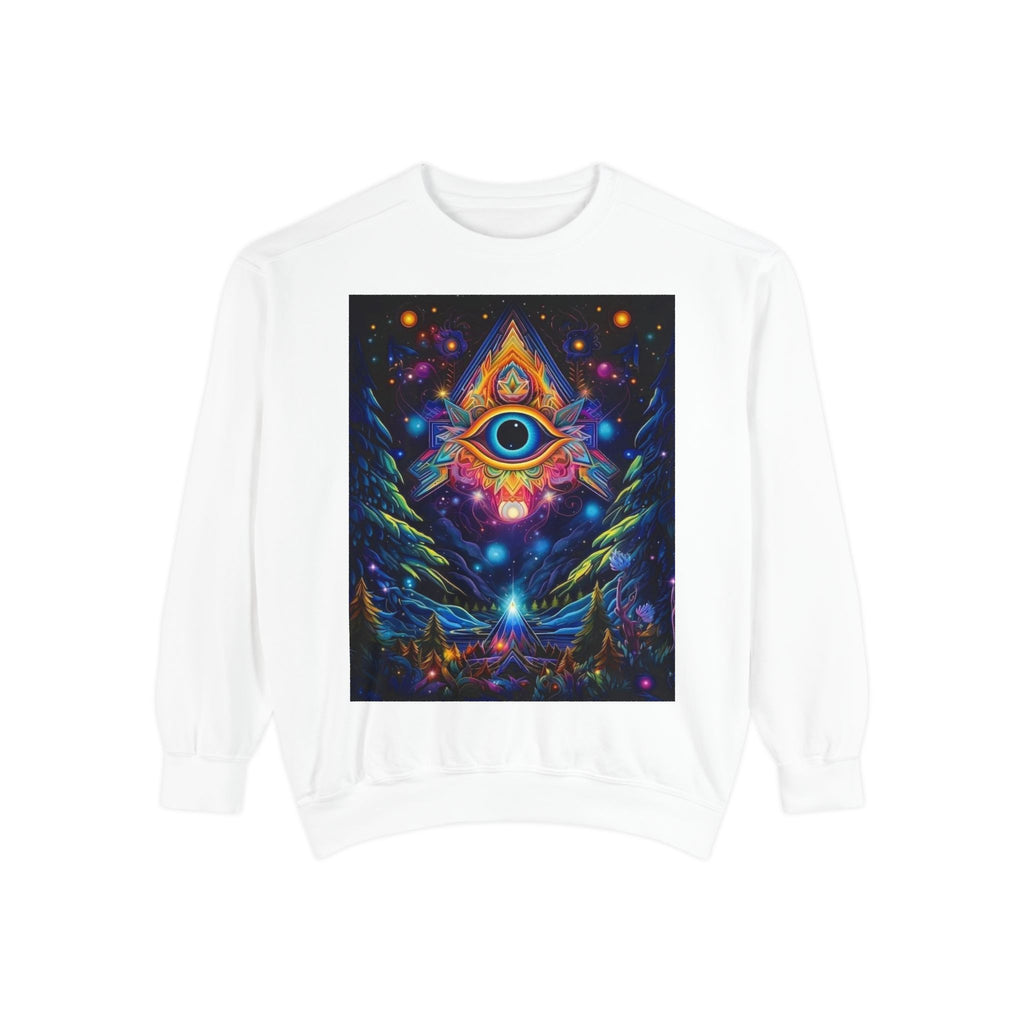 Cosmic Eye Unisex Garment-Dyed Sweatshirt, Psychedelic Sweatshirt, Spiritual Apparel, Gift for Nature Lovers, Festival Clothing, Comfortable