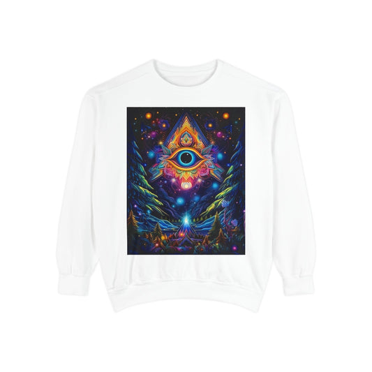 Cosmic Eye Unisex Garment-Dyed Sweatshirt, Psychedelic Sweatshirt, Spiritual Apparel, Gift for Nature Lovers, Festival Clothing, Comfortable