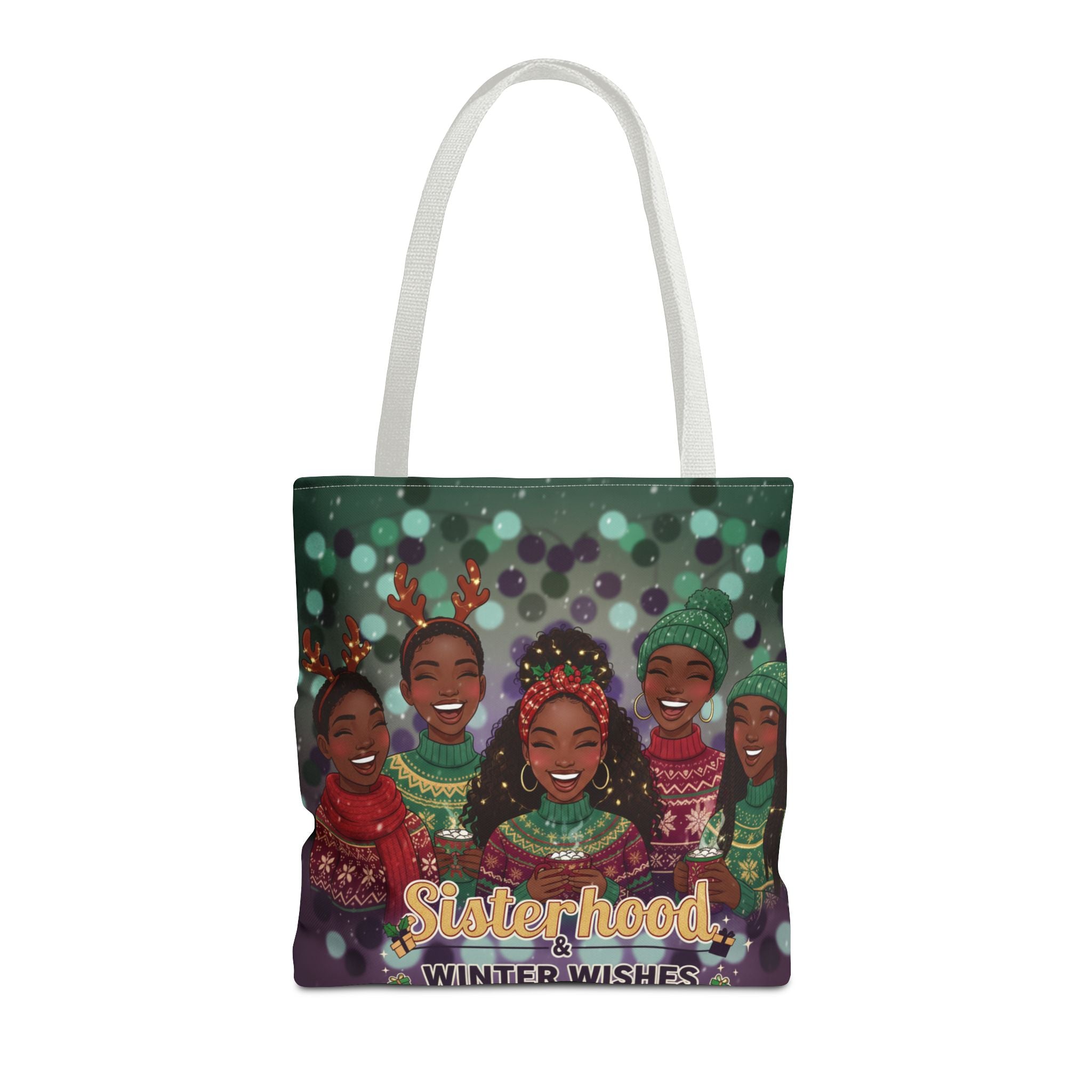 Sisterhood Winter Wishes Holiday Tote Bag — Festive Afrocentric Christmas Market Bag