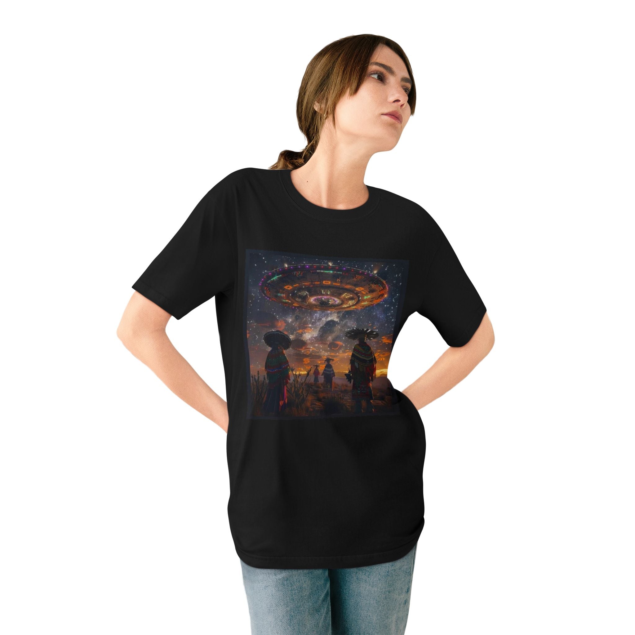 Cosmic Alien Encounter T-Shirt, Unisex Graphic Tee, Space Themed Shirt, Festival Wear, Unique Gift for Sci-Fi Lovers, Bohemian Style