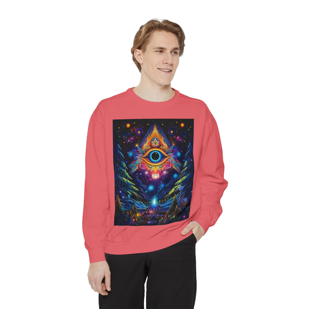 Cosmic Eye Unisex Garment-Dyed Sweatshirt, Psychedelic Sweatshirt, Spiritual Apparel, Gift for Nature Lovers, Festival Clothing, Comfortable
