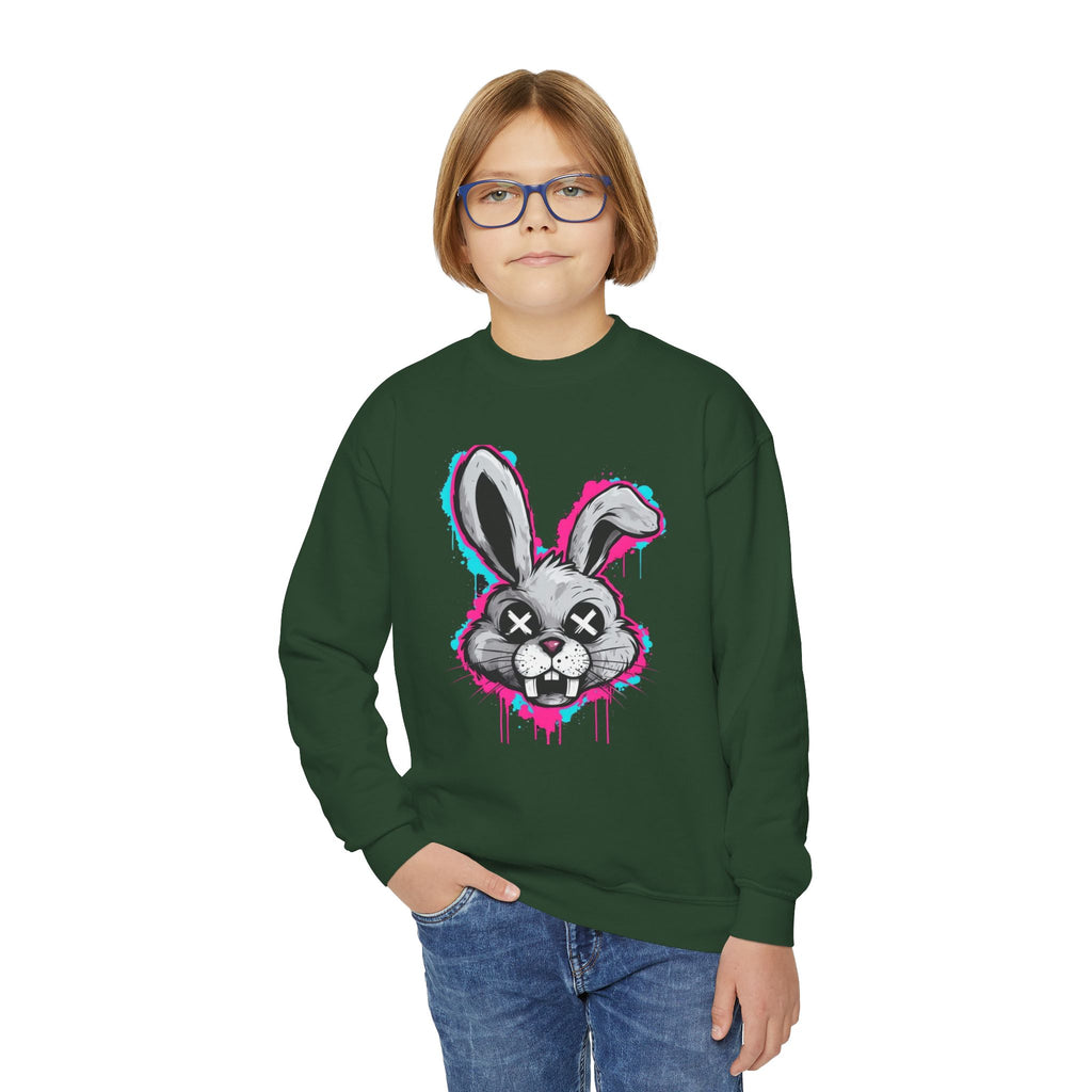 Cool Graffiti Bunny Youth Sweatshirt, Hipster Crewneck, Street Art Apparel, Gift for Kids, Fun Casual Wear, Comfy and Stylish