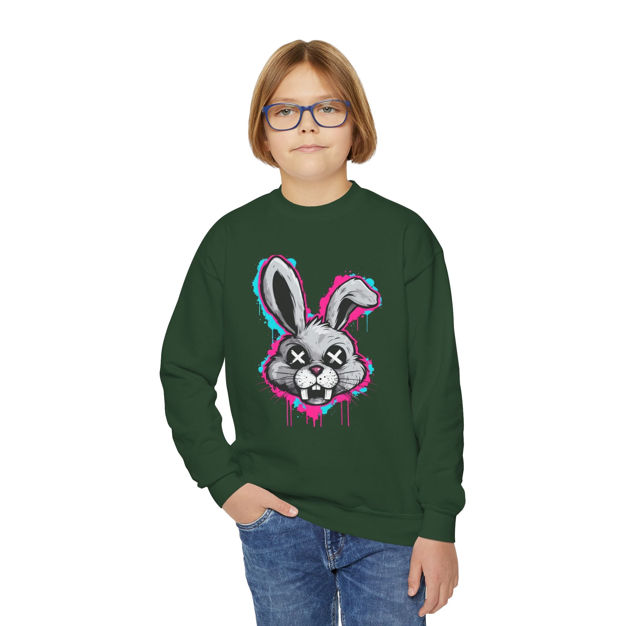 Cool Graffiti Bunny Youth Sweatshirt, Hipster Crewneck, Street Art Apparel, Gift for Kids, Fun Casual Wear, Comfy and Stylish
