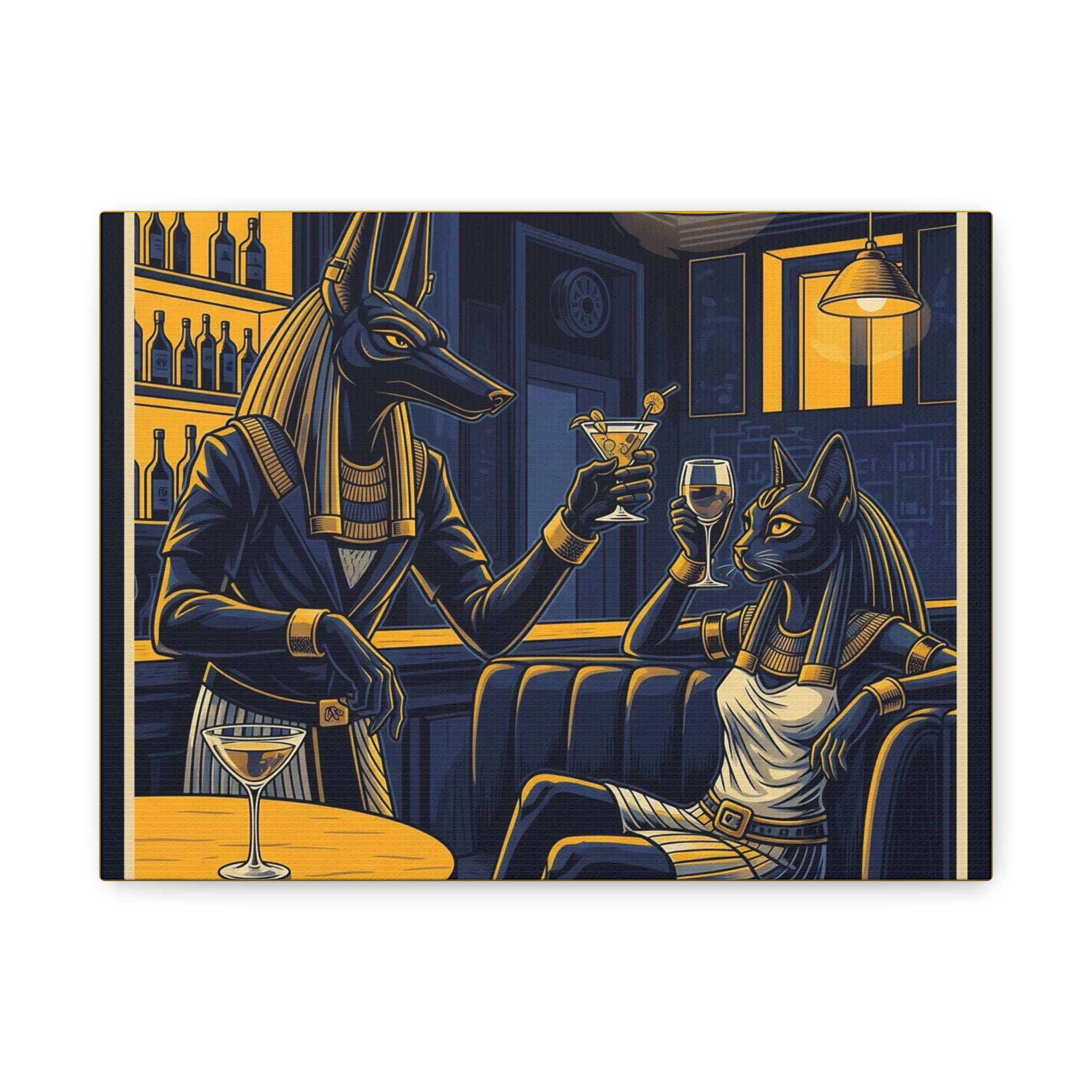 Anubis and Bastet Canvas Art, Egyptian Wall Decor, Unique Home Decoration, Cocktail Theme Art, Vintage Bar Style Canvas