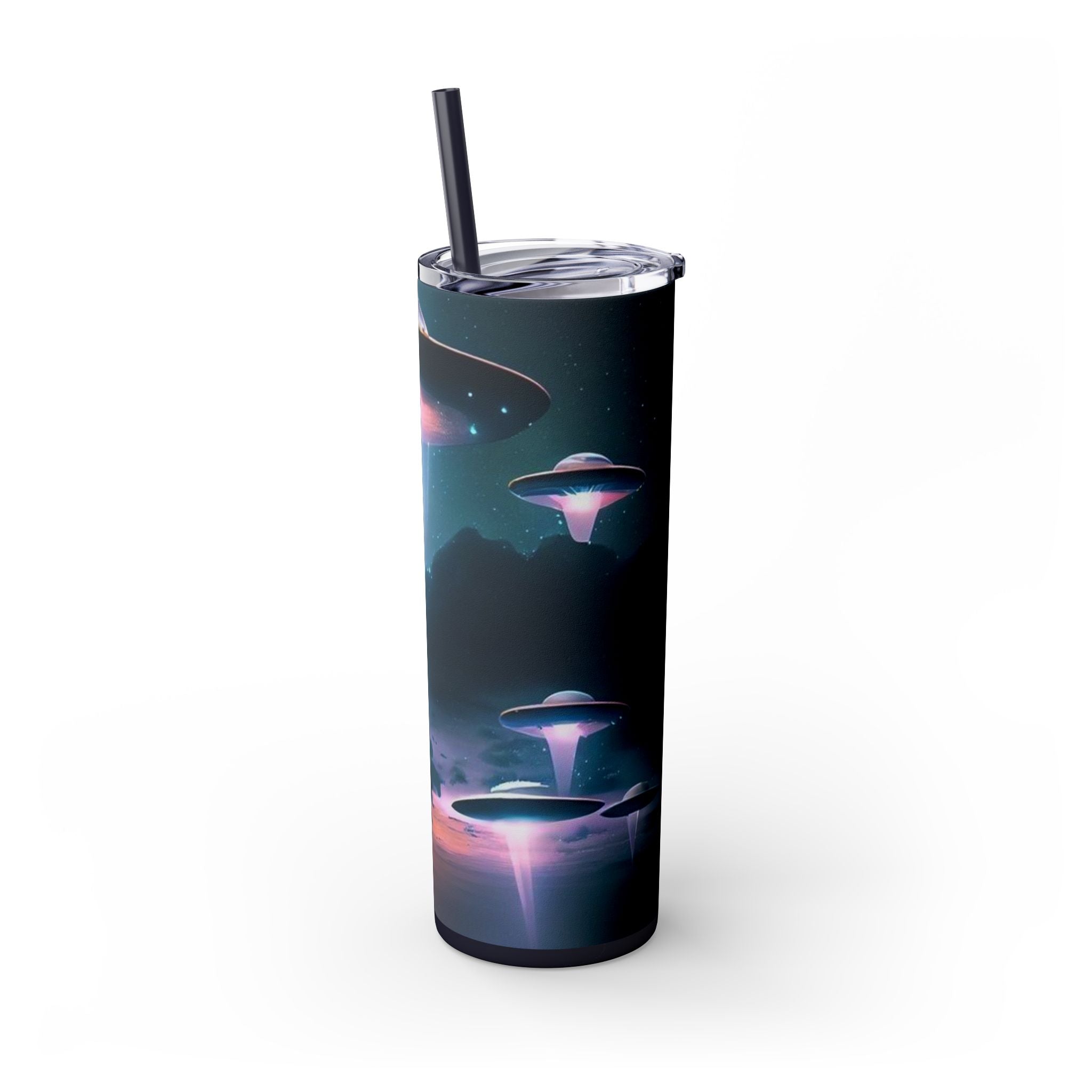 Cosmic Alien Skinny Tumbler with Straw, 20oz | Space Drinkware, Gift for Sci-Fi Lovers, Unique Cup for Outdoor Events, UFO Enthusiasts