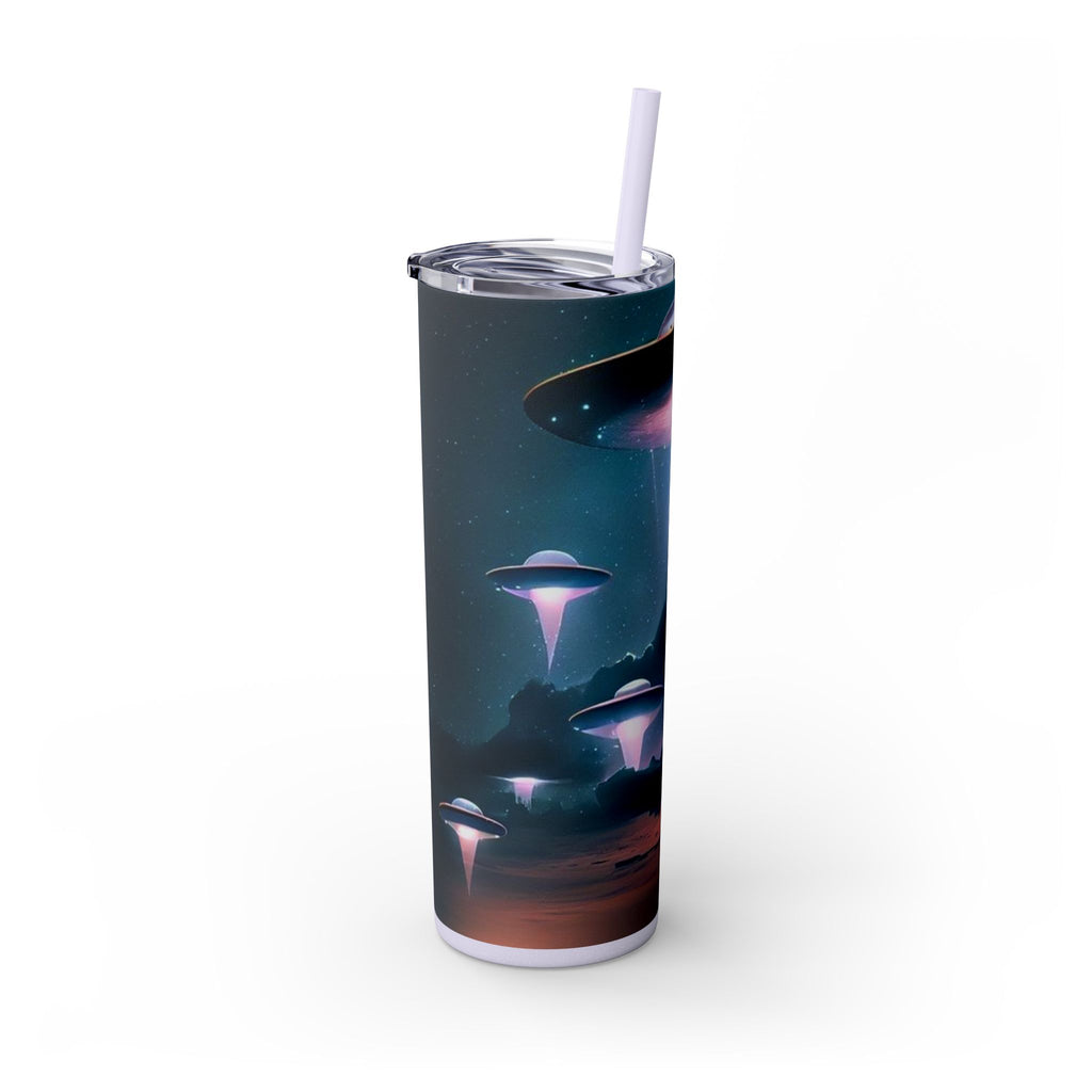Cosmic Alien Skinny Tumbler with Straw, 20oz | Space Drinkware, Gift for Sci-Fi Lovers, Unique Cup for Outdoor Events, UFO Enthusiasts