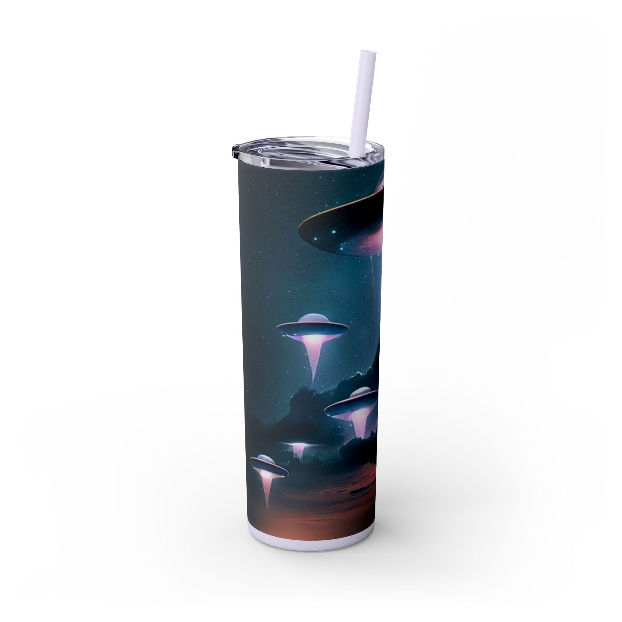 Cosmic Alien Skinny Tumbler with Straw, 20oz | Space Drinkware, Gift for Sci-Fi Lovers, Unique Cup for Outdoor Events, UFO Enthusiasts