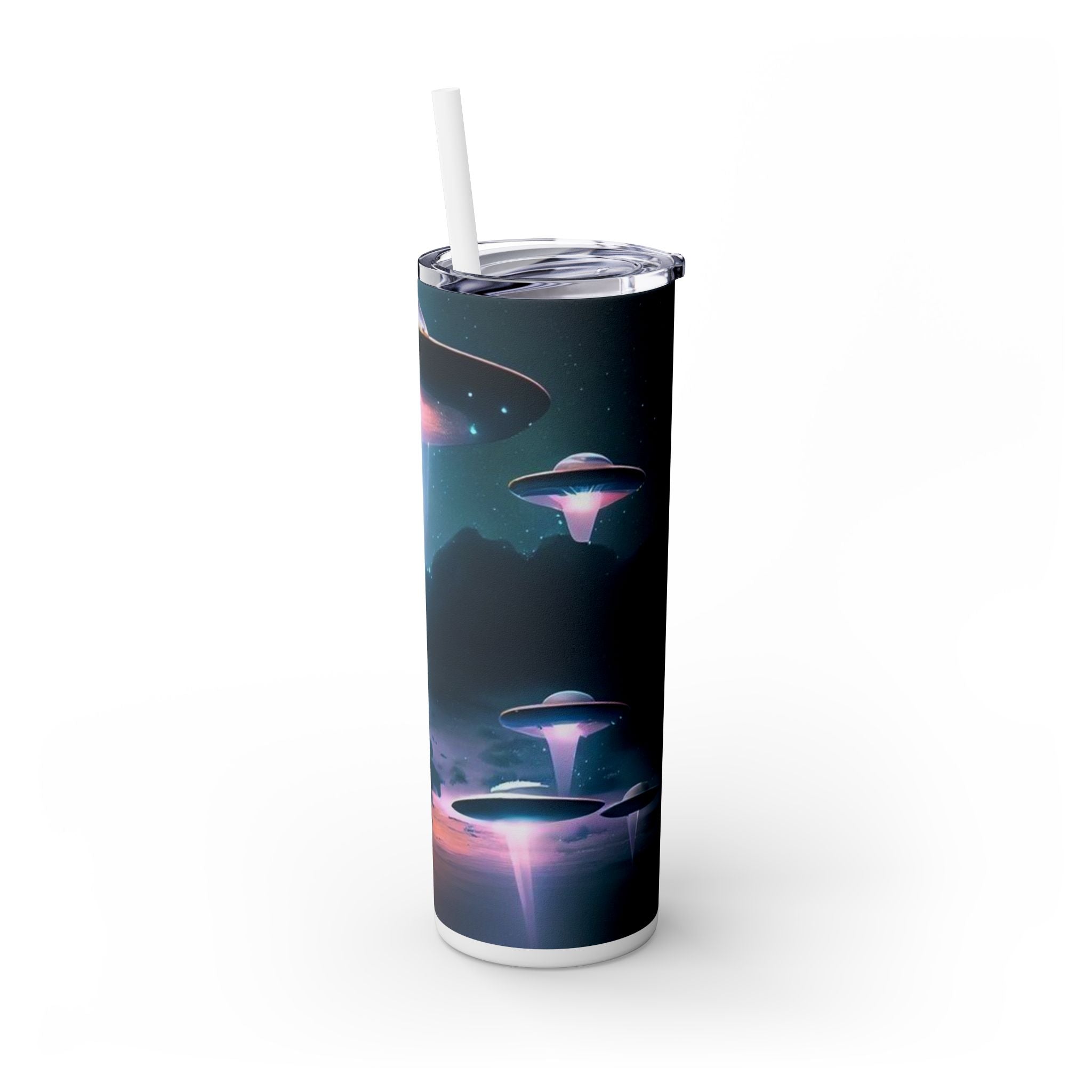 Cosmic Alien Skinny Tumbler with Straw, 20oz | Space Drinkware, Gift for Sci-Fi Lovers, Unique Cup for Outdoor Events, UFO Enthusiasts
