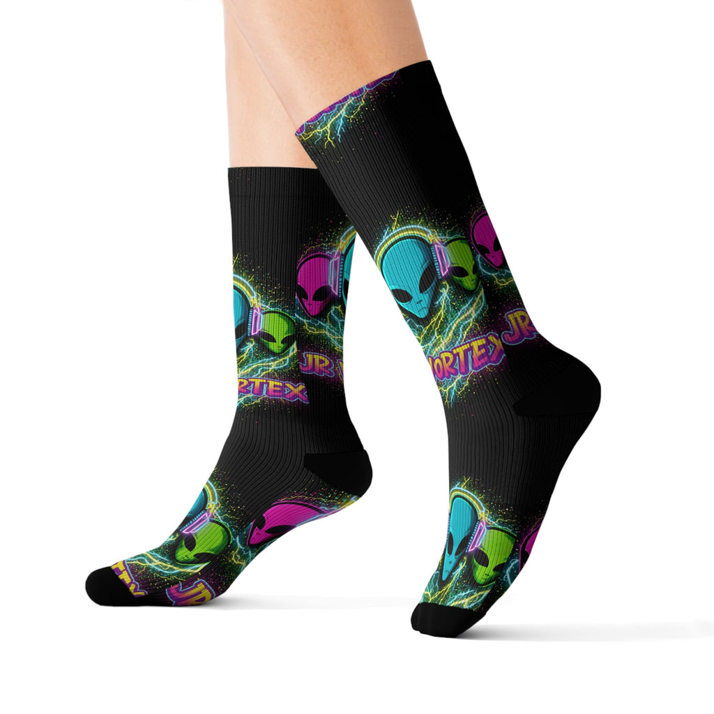 Alien Vape Neon Sublimation Socks — Retro Cyber Glow Crew Socks