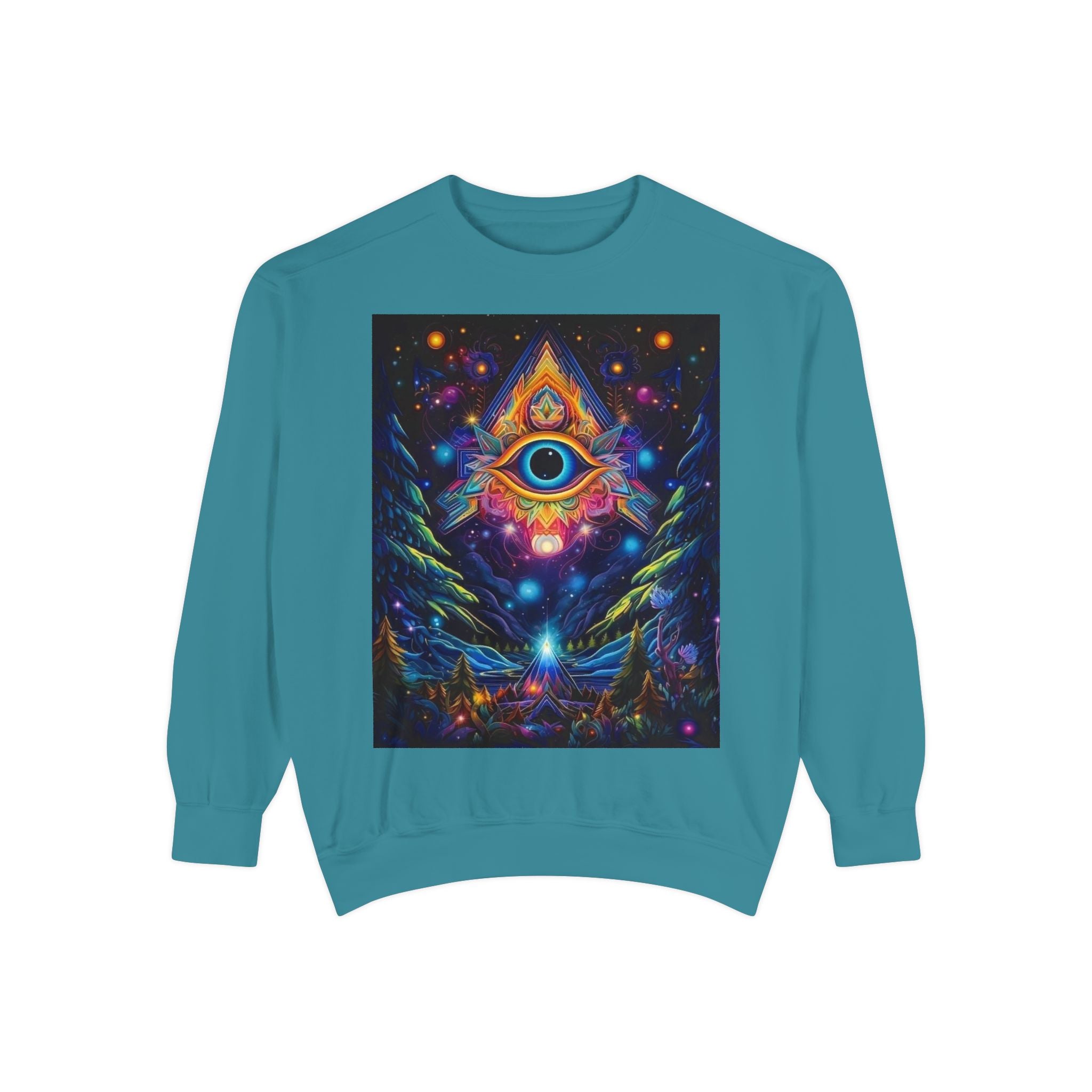 Cosmic Eye Unisex Garment-Dyed Sweatshirt, Psychedelic Sweatshirt, Spiritual Apparel, Gift for Nature Lovers, Festival Clothing, Comfortable