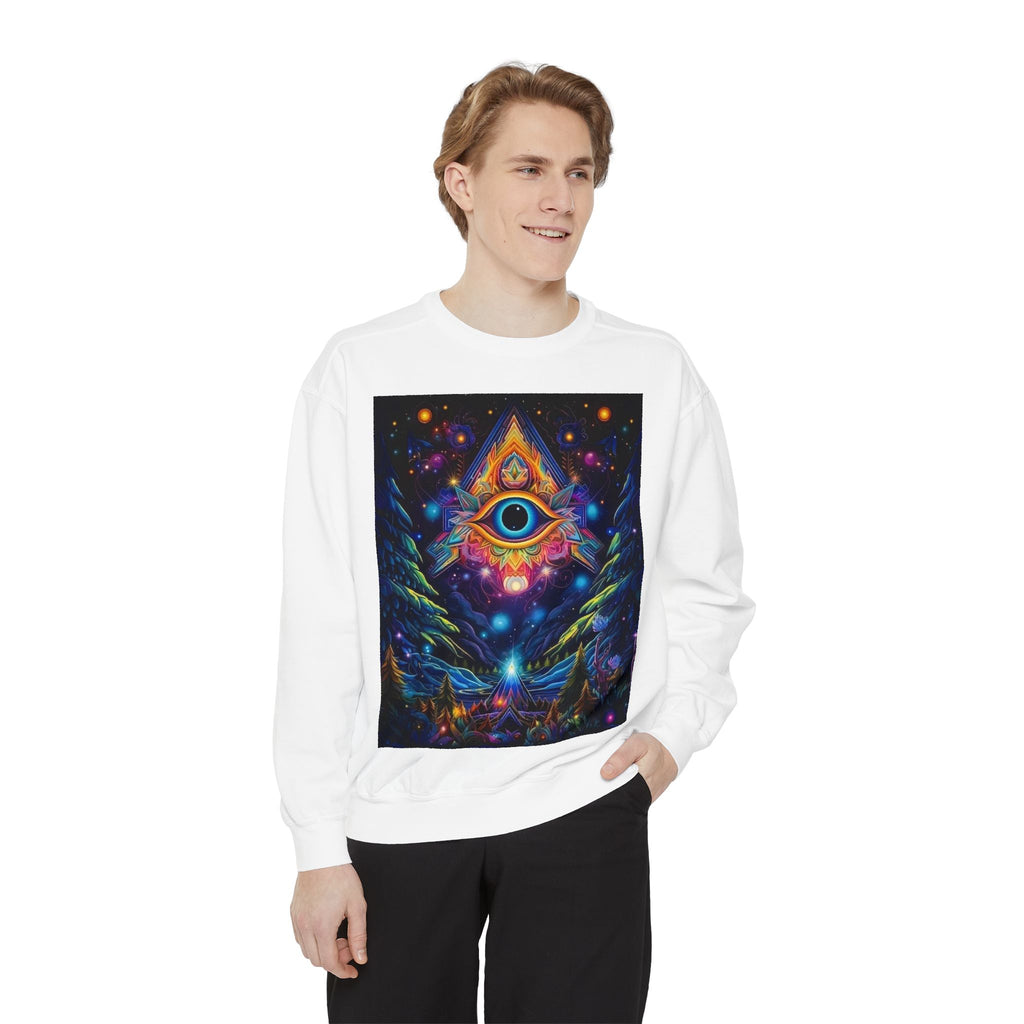Cosmic Eye Unisex Garment-Dyed Sweatshirt, Psychedelic Sweatshirt, Spiritual Apparel, Gift for Nature Lovers, Festival Clothing, Comfortable