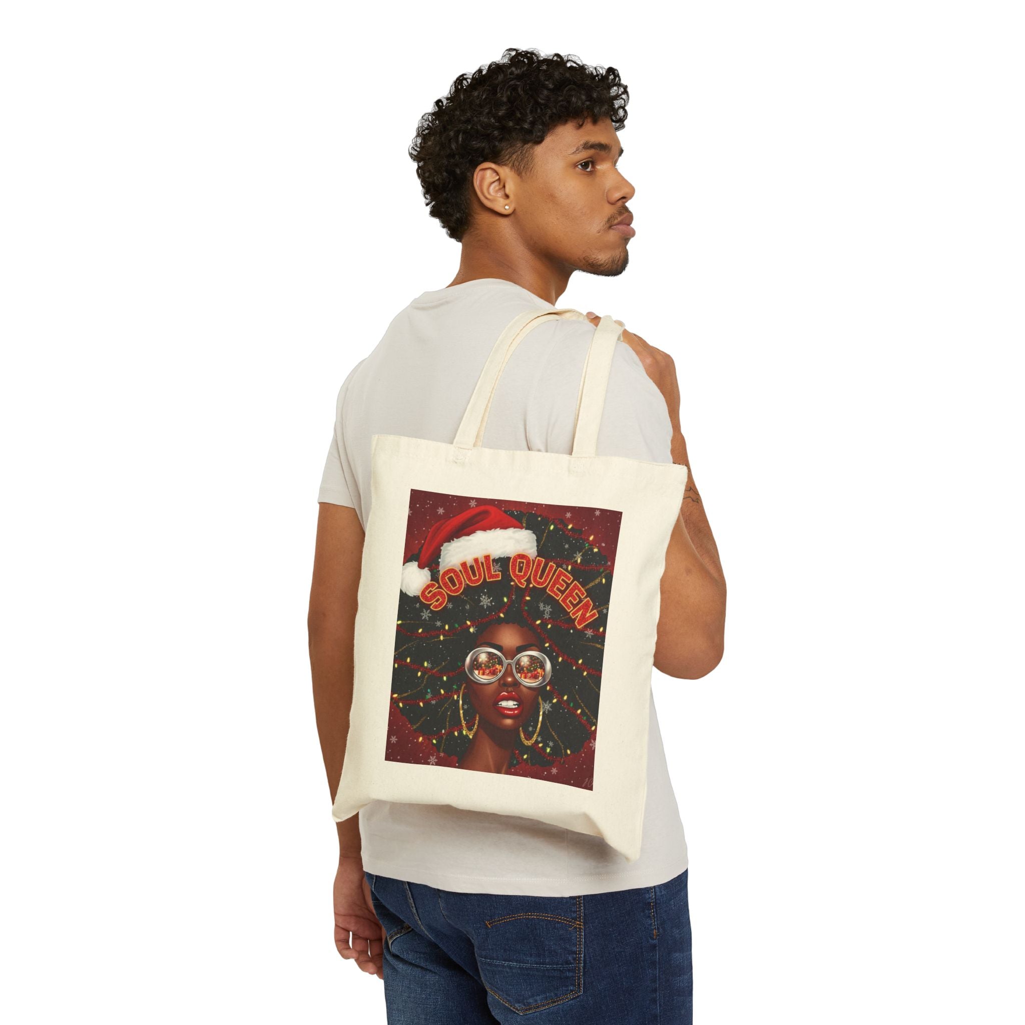 Soul Queen Tote Bag — Holiday Afrocentric Canvas Tote with Santa Hat