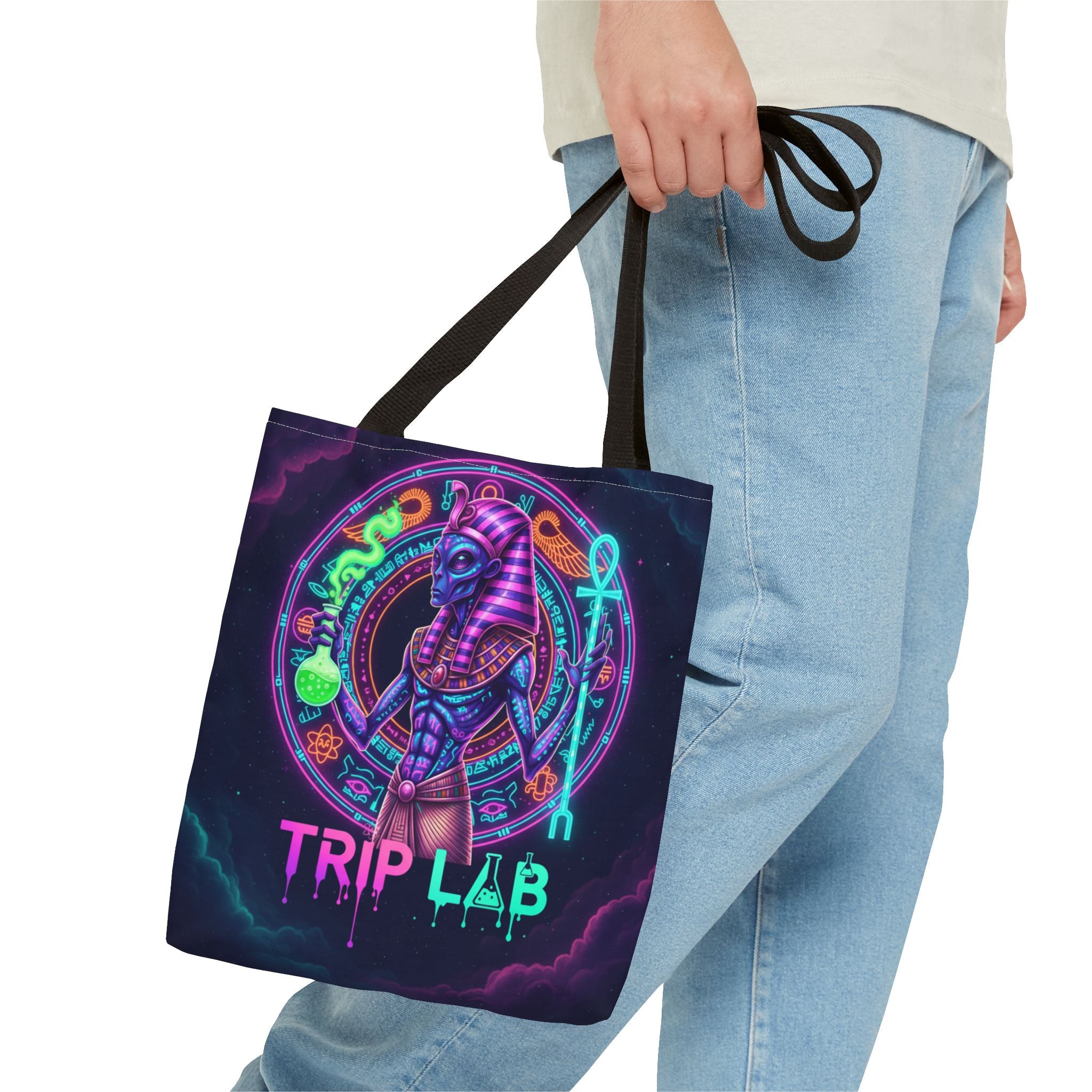Psychedelic Trip Lab Tote Bag — Neon Ancient-Egypt Anubis All-Over Print
