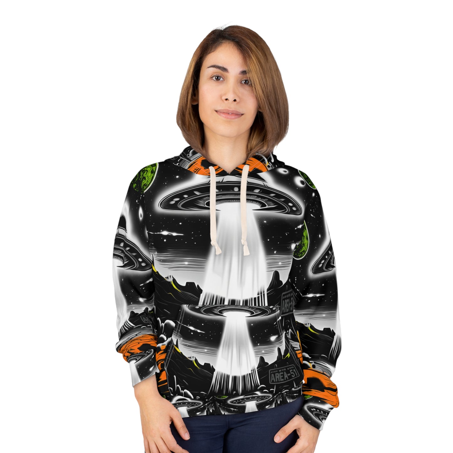 Cosmic Alien Print Hoodie, Unisex Pullover, Area 51 Design, Fun Gift for Space Lovers, Unique Outer Space Apparel, Perfect for Sci-Fi Fans