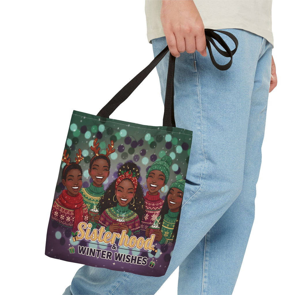 Sisterhood Winter Wishes Holiday Tote Bag — Festive Afrocentric Christmas Market Bag
