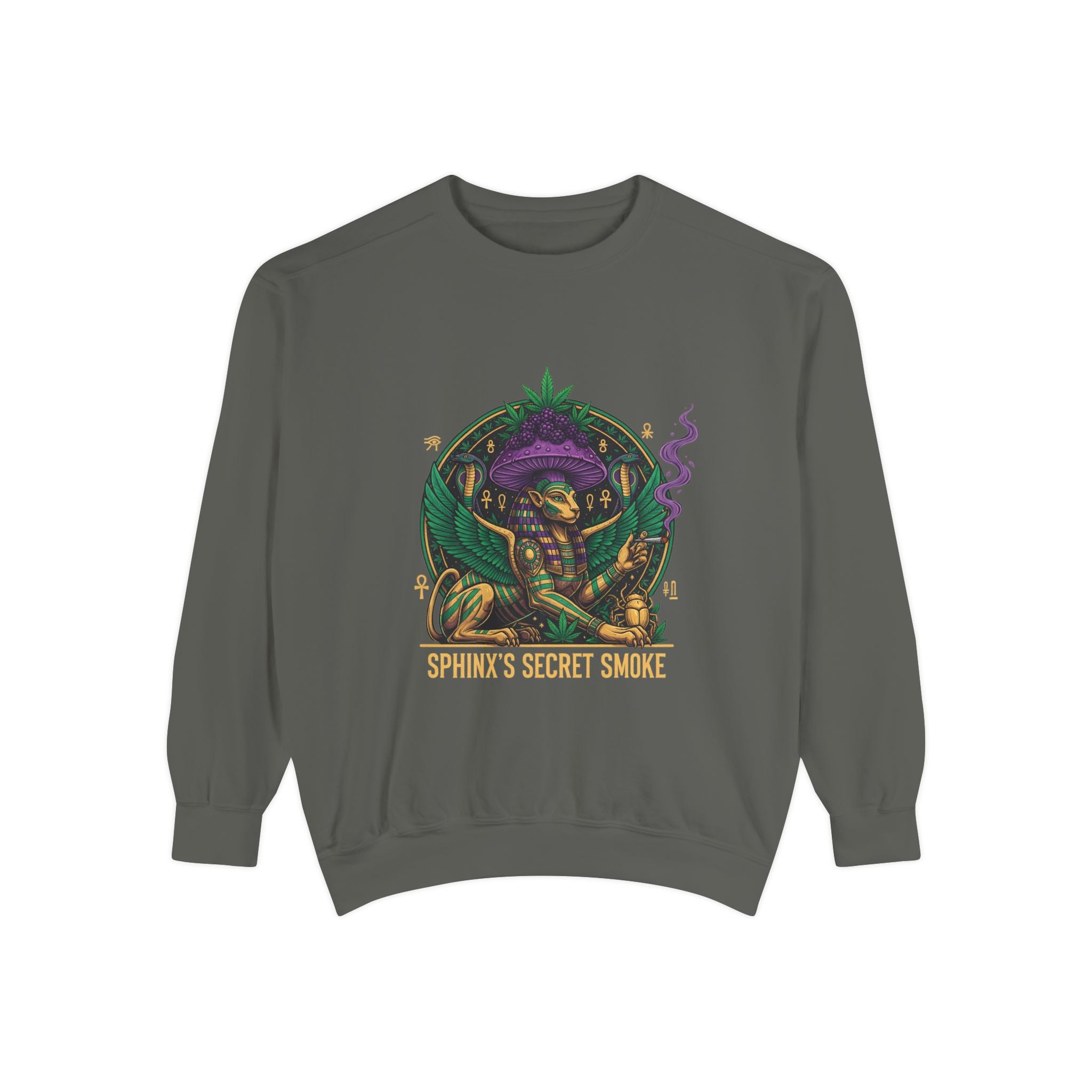 Sphinx's Secret Smoke Sweatshirt — Mystical Egyptian Sphinx Graphic Crewneck