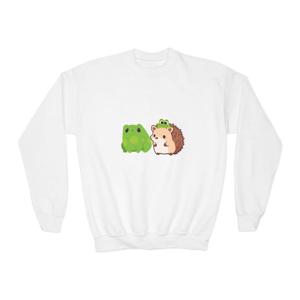 Cute Animal Friends Youth Crewneck Sweatshirt, Adorable Frog and Hedgehog Design, Perfect Gift for Kids, Fun Casual Wear, Birthday and