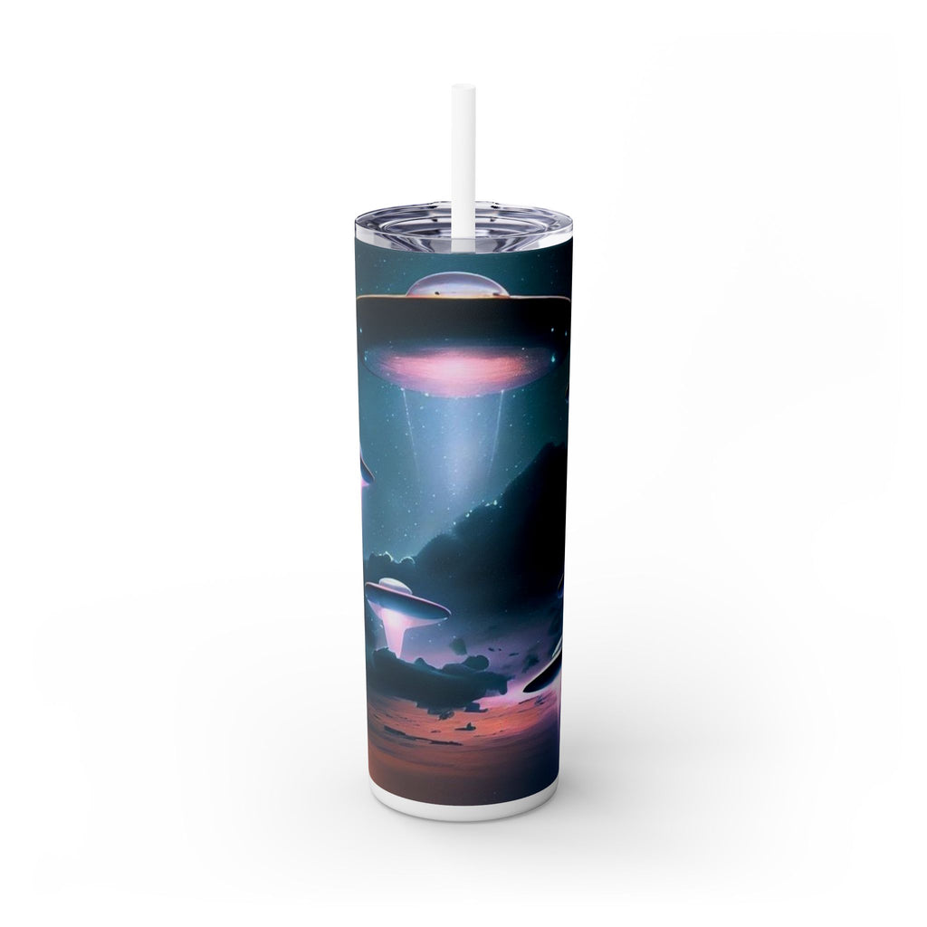 Cosmic Alien Skinny Tumbler with Straw, 20oz | Space Drinkware, Gift for Sci-Fi Lovers, Unique Cup for Outdoor Events, UFO Enthusiasts