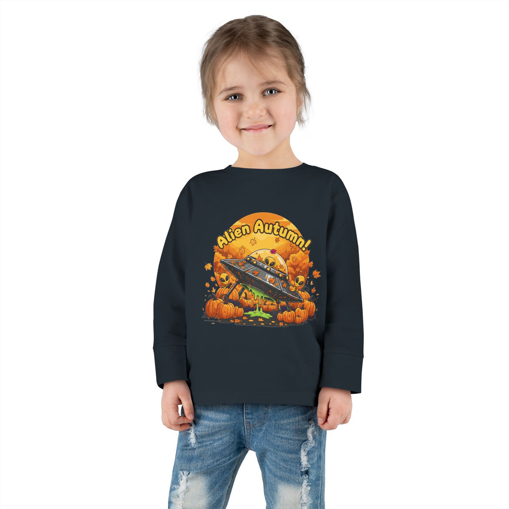 Toddler Long Sleeve Tee - Alien Autumn Adventure, Cute Kids Fall Shirt, Halloween Gift, Fun Toddler Shirt, Fall Fashion for Kids