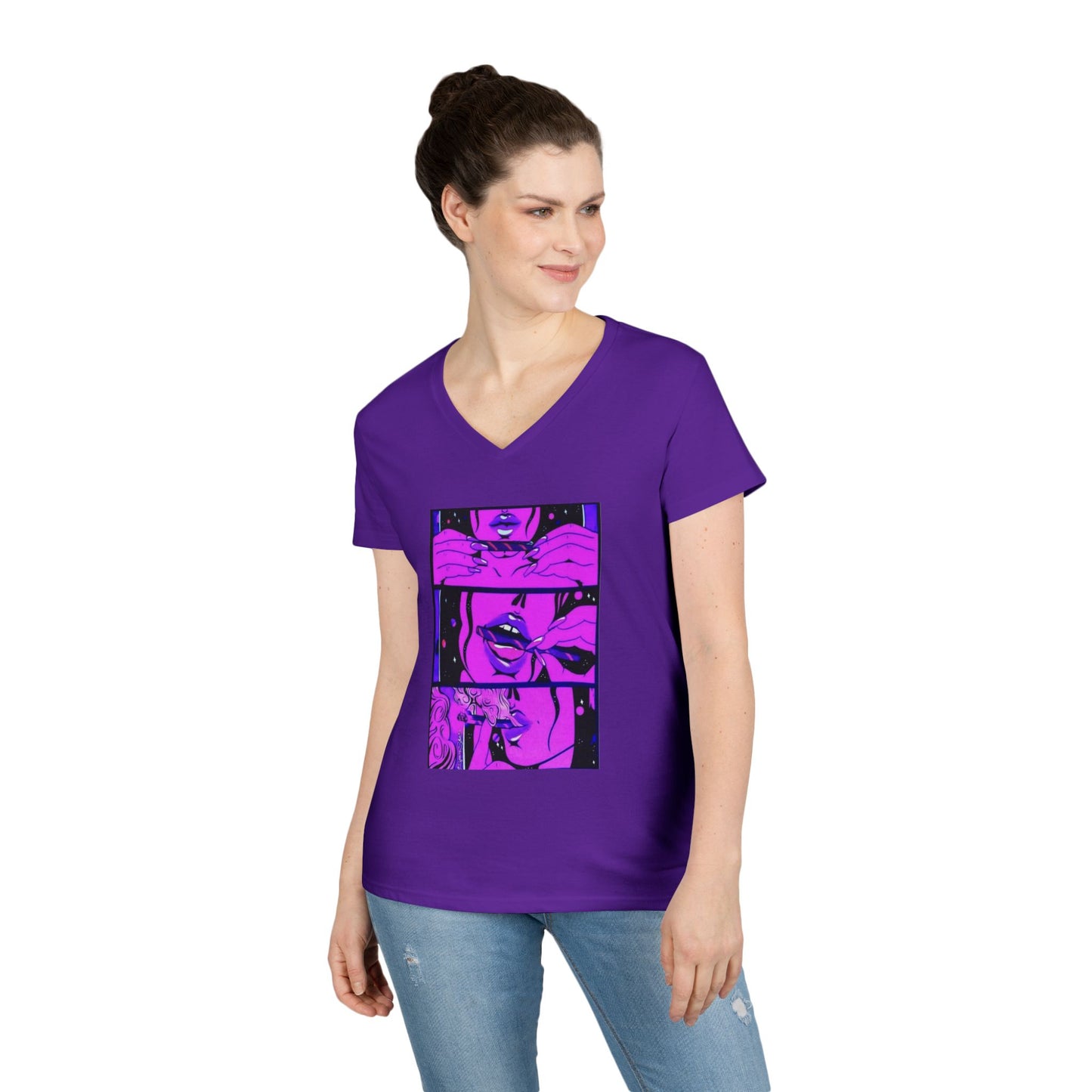 Vibrant Graphic Ladies' V-Neck T-Shirt - Trendy Art Design