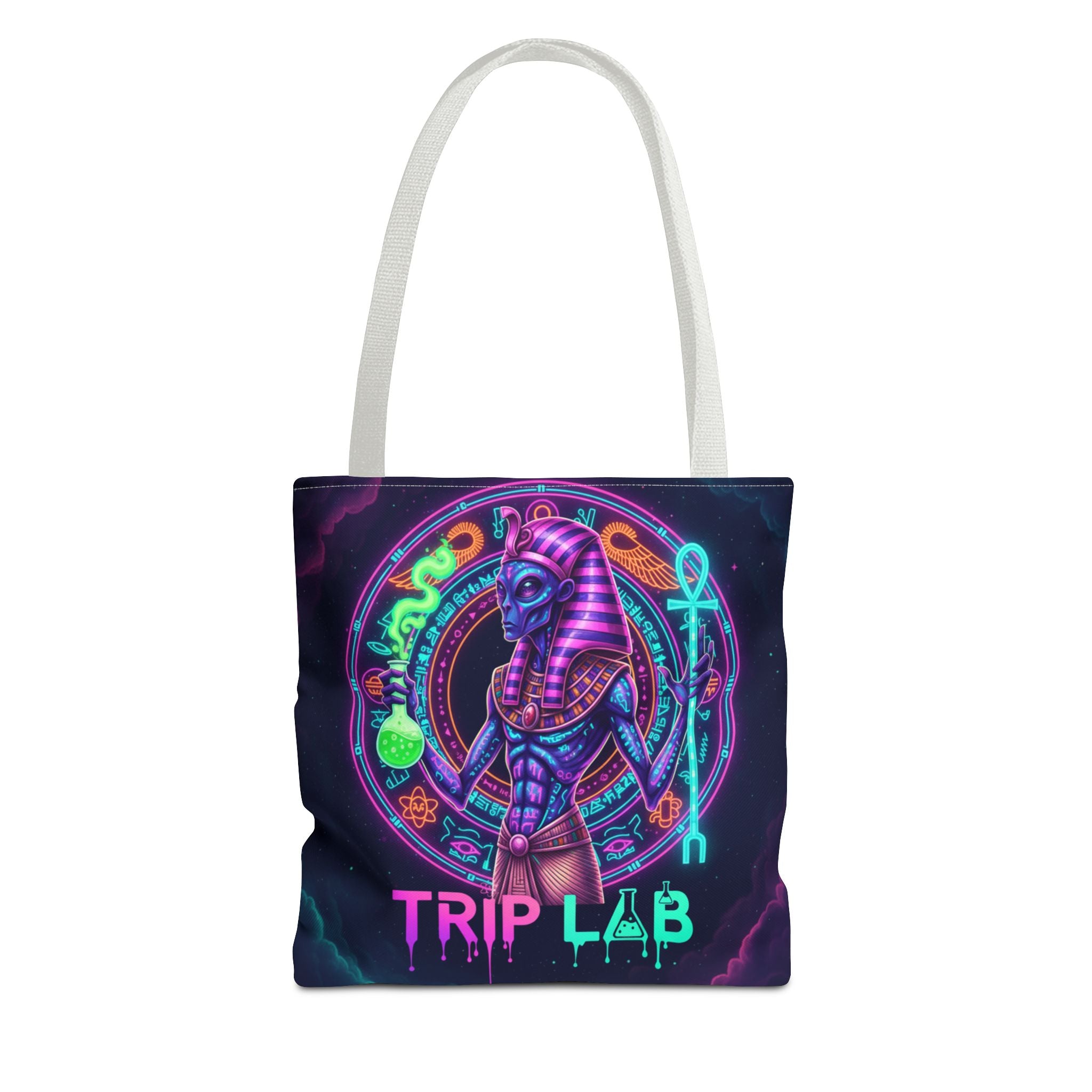 Psychedelic Trip Lab Tote Bag — Neon Ancient-Egypt Anubis All-Over Print
