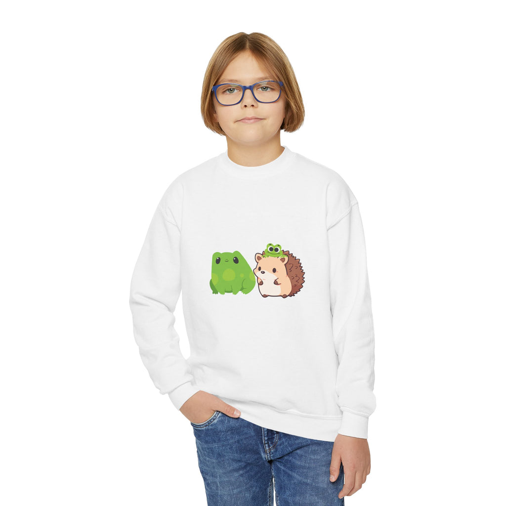 Cute Animal Friends Youth Crewneck Sweatshirt, Adorable Frog and Hedgehog Design, Perfect Gift for Kids, Fun Casual Wear, Birthday and