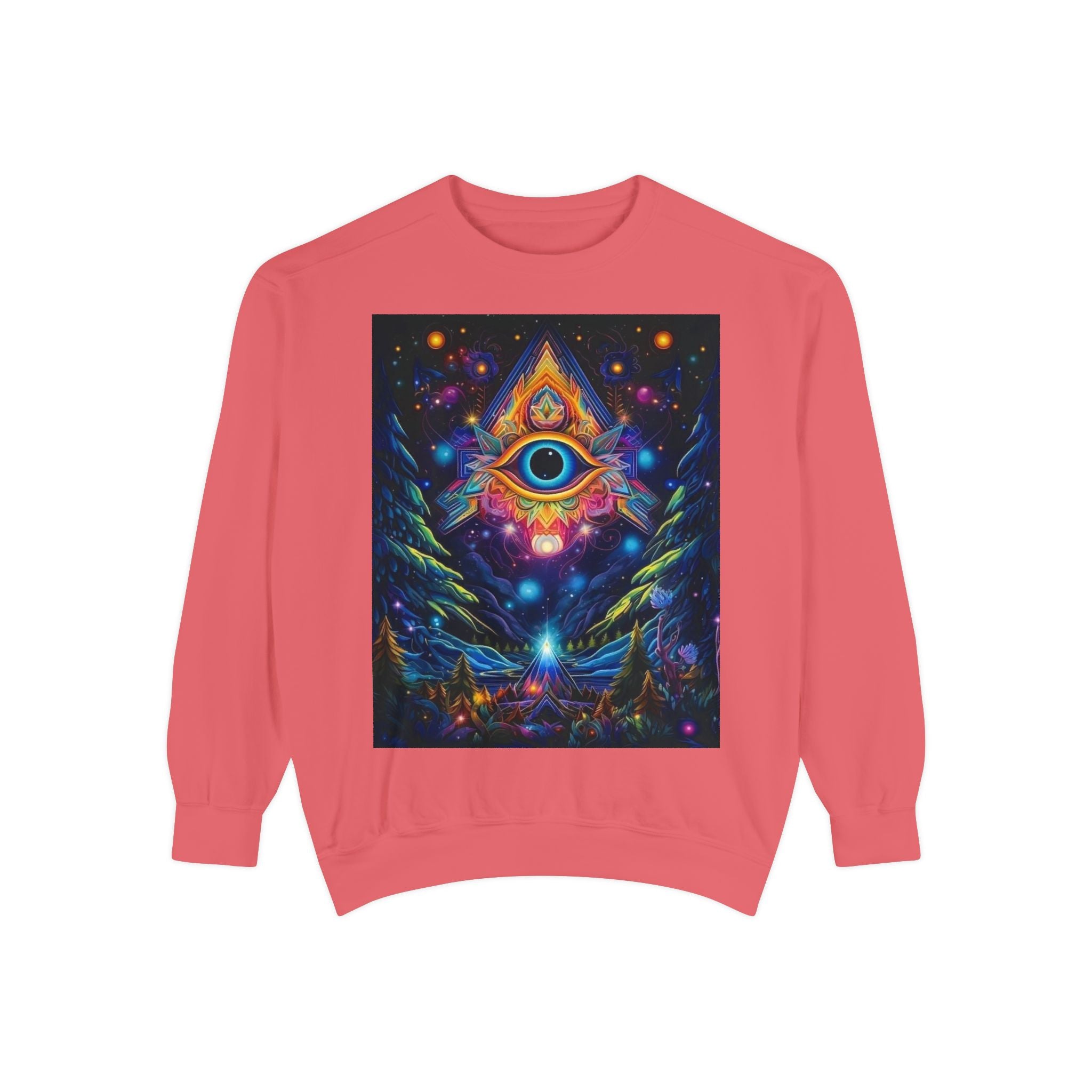 Cosmic Eye Unisex Garment-Dyed Sweatshirt, Psychedelic Sweatshirt, Spiritual Apparel, Gift for Nature Lovers, Festival Clothing, Comfortable