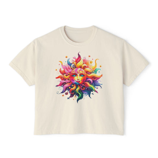 Vibrant Sun Graphic Women's Boxy Tee, Boho T-Shirt, Summer Apparel, Festival Wear, Gifts for Her
