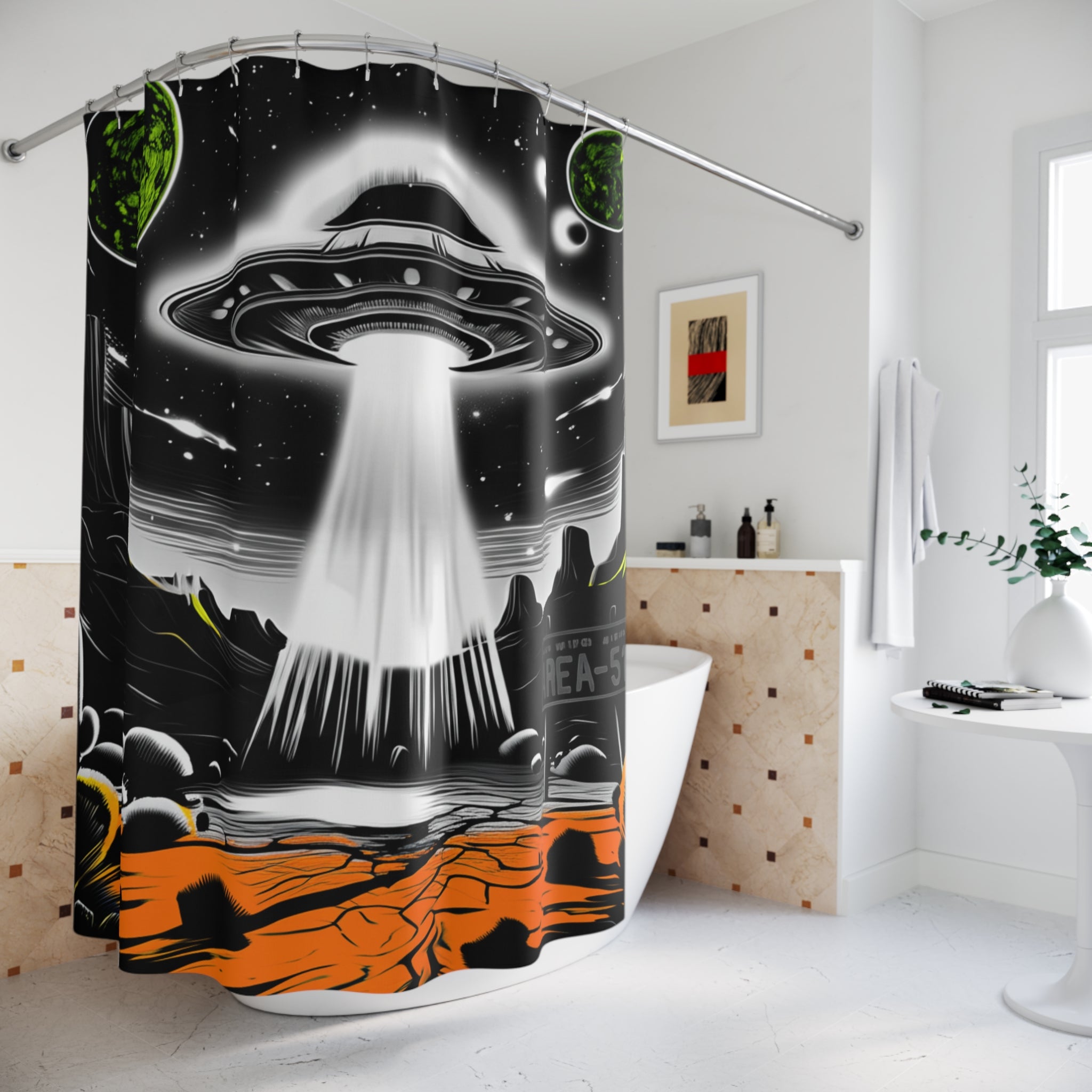 Outer Space UFO Shower Curtain, Bathroom Decor, Space Theme, Gifts for Sci-Fi Fans, Unique Home Accessory