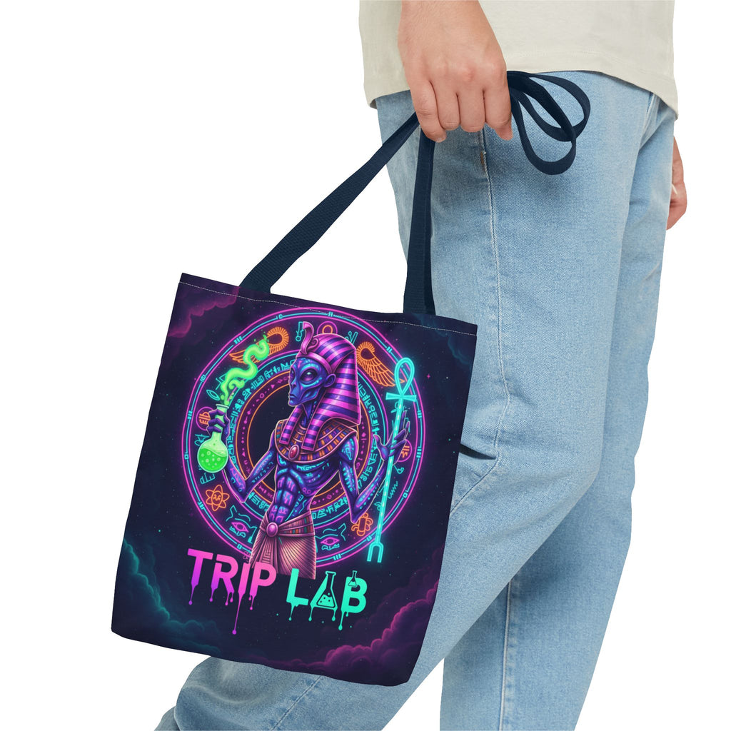 Psychedelic Trip Lab Tote Bag — Neon Ancient-Egypt Anubis All-Over Print
