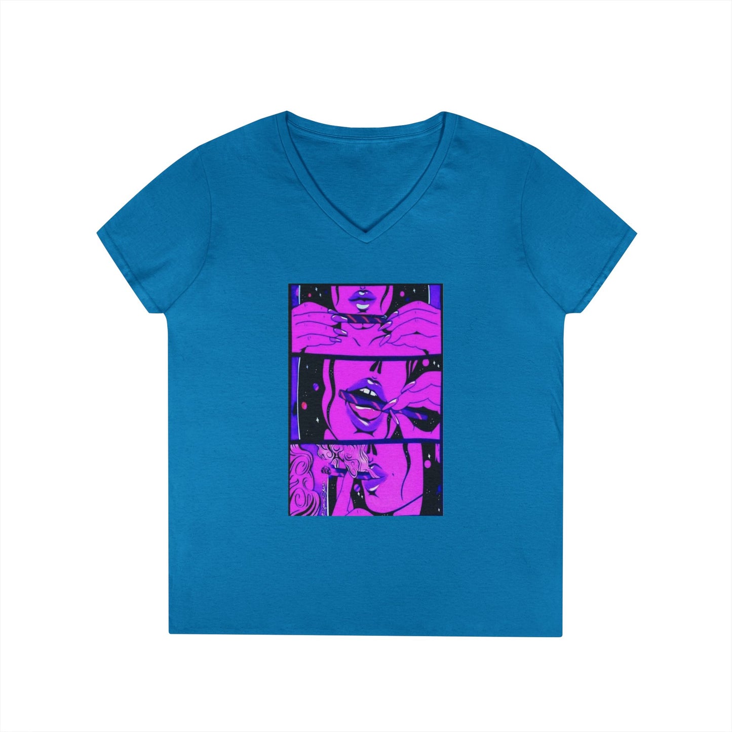 Vibrant Graphic Ladies' V-Neck T-Shirt - Trendy Art Design