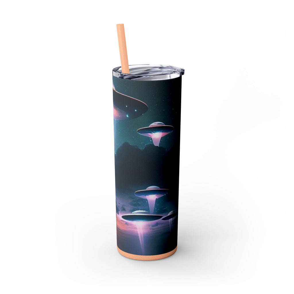 Cosmic Alien Skinny Tumbler with Straw, 20oz | Space Drinkware, Gift for Sci-Fi Lovers, Unique Cup for Outdoor Events, UFO Enthusiasts