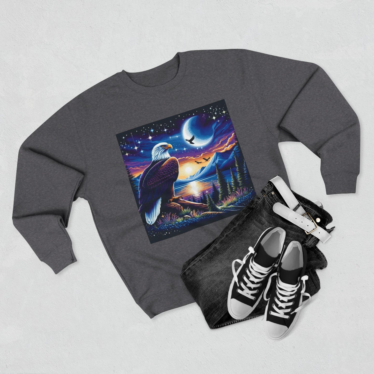 Nature-Inspired Unisex Crewneck Sweatshirt with Eagle & Moon Design, Cozy Sweatshirt for Nature Lovers, Perfect Gift for Birthdays, Outdoor